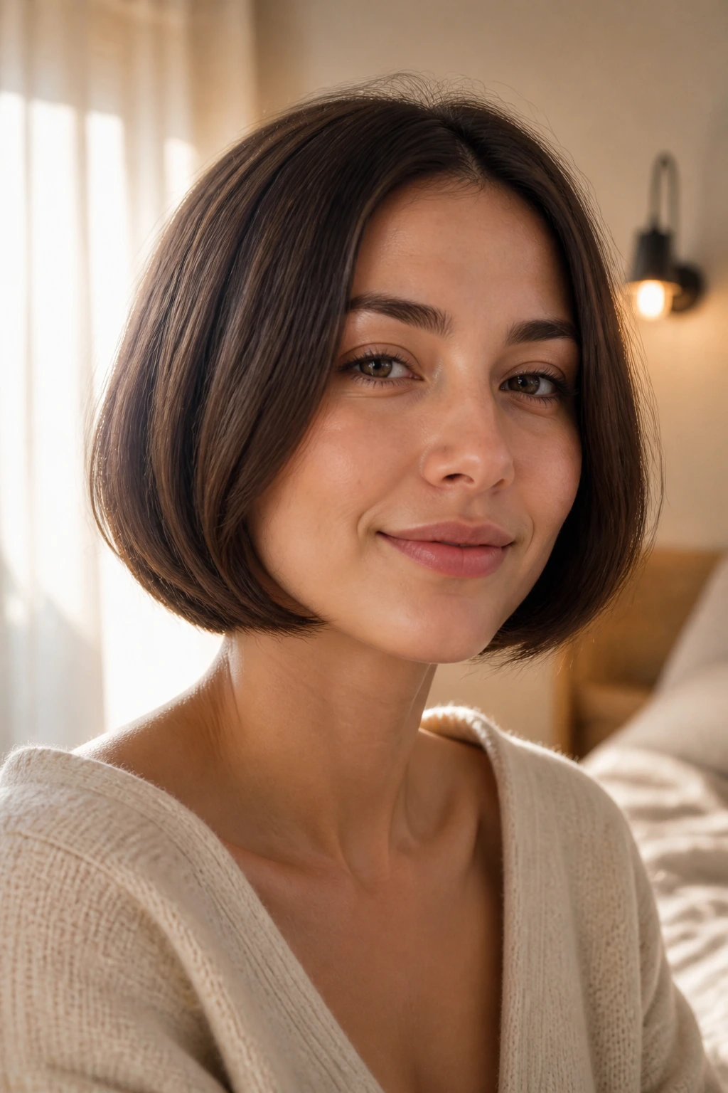 Close-up of a woman with jaw-length bob and tucked ends