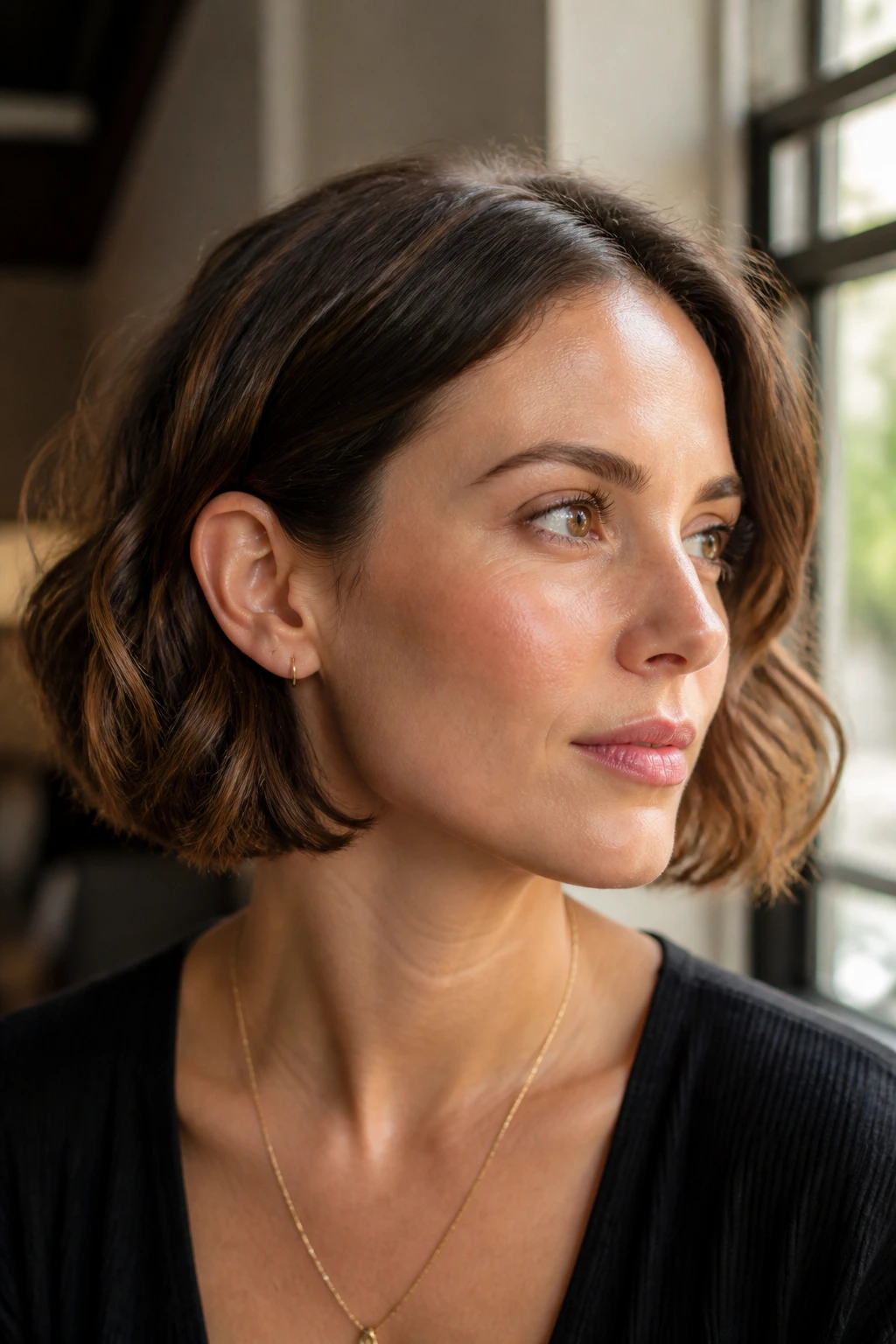 Close-up of a woman with a jaw-length wavy bob tucked behind the ears in natural window light