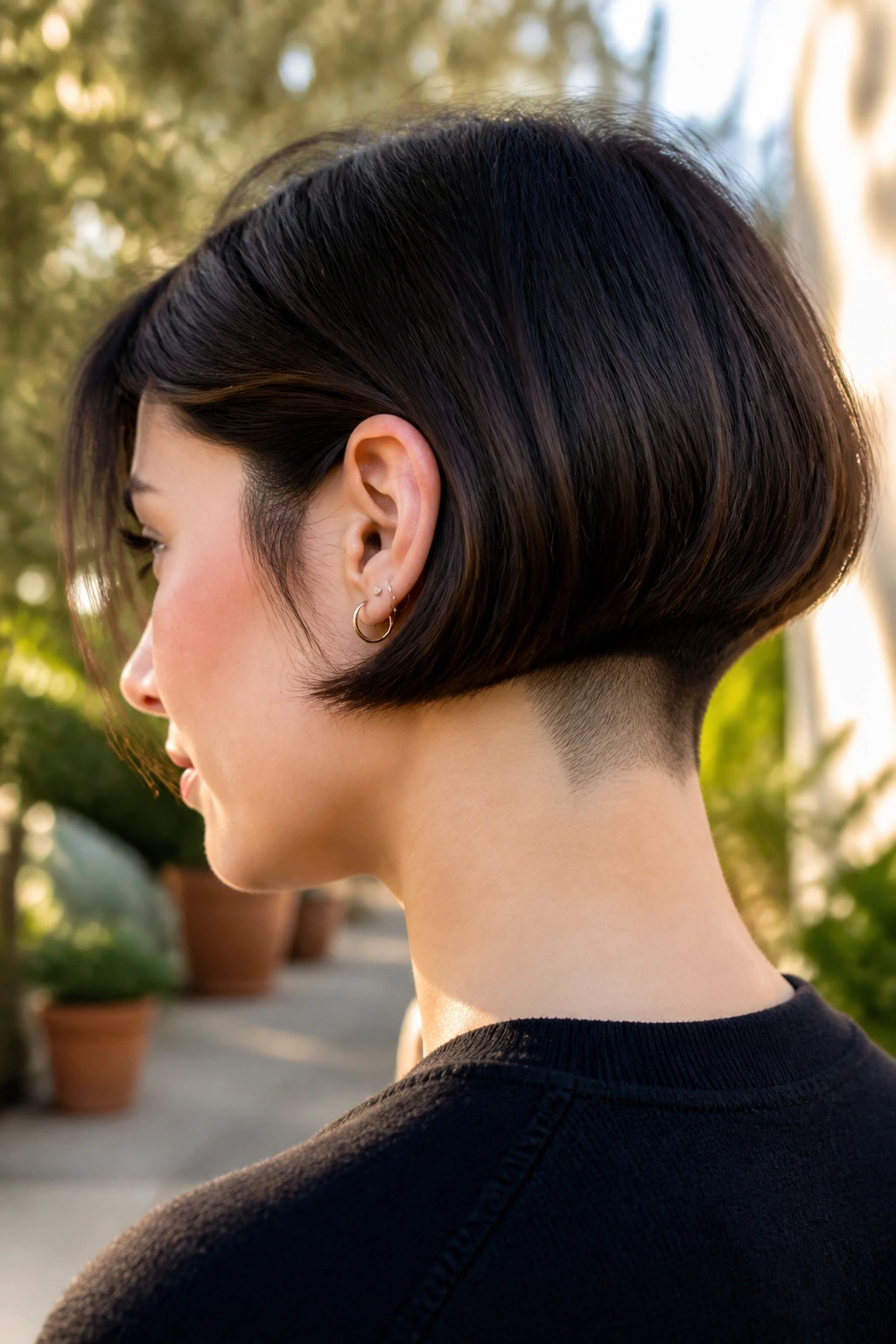 Real person with jaw-length bob and hidden nape undercut in warm light