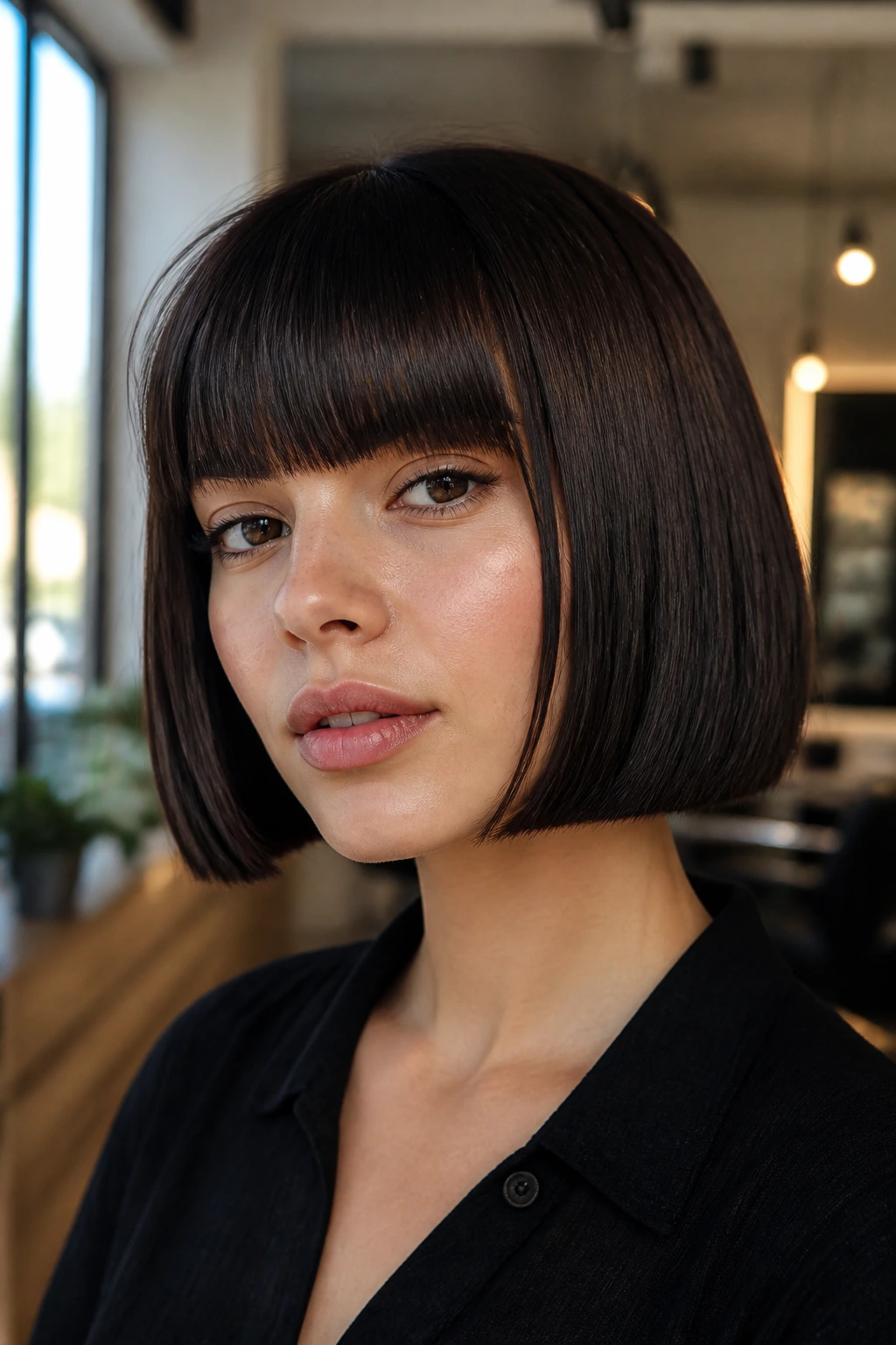 Close-up portrait of a real woman with a jaw-length box bob and heavy blunt bangs
