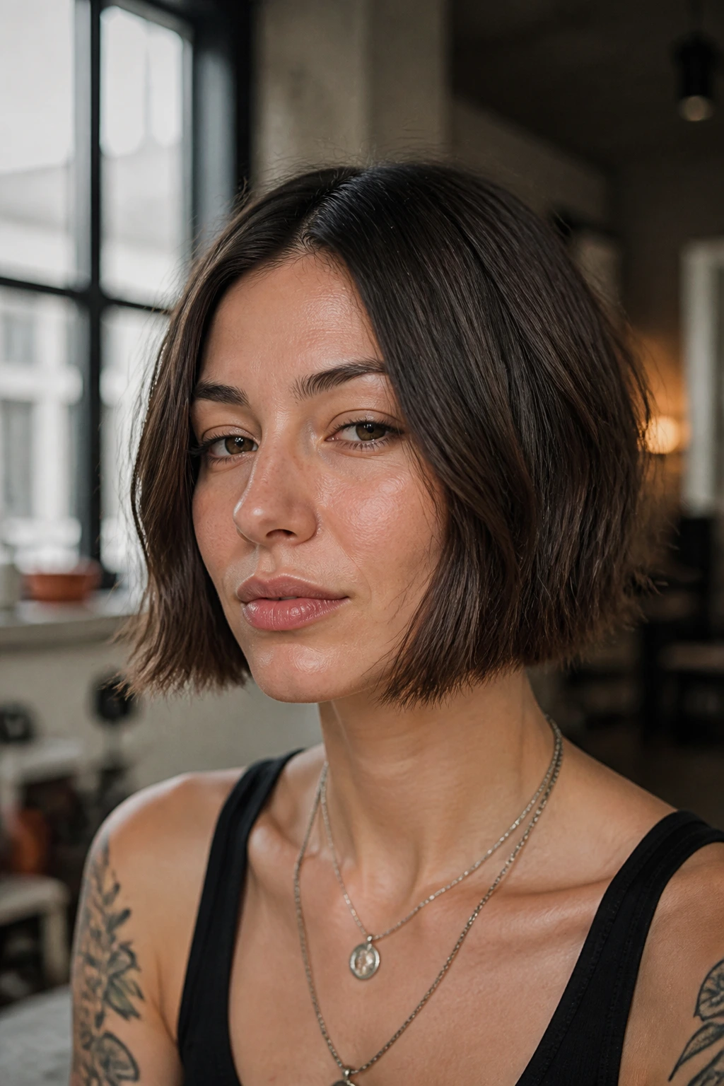 Close-up portrait of a woman with a jaw-length box bob and choppy ends