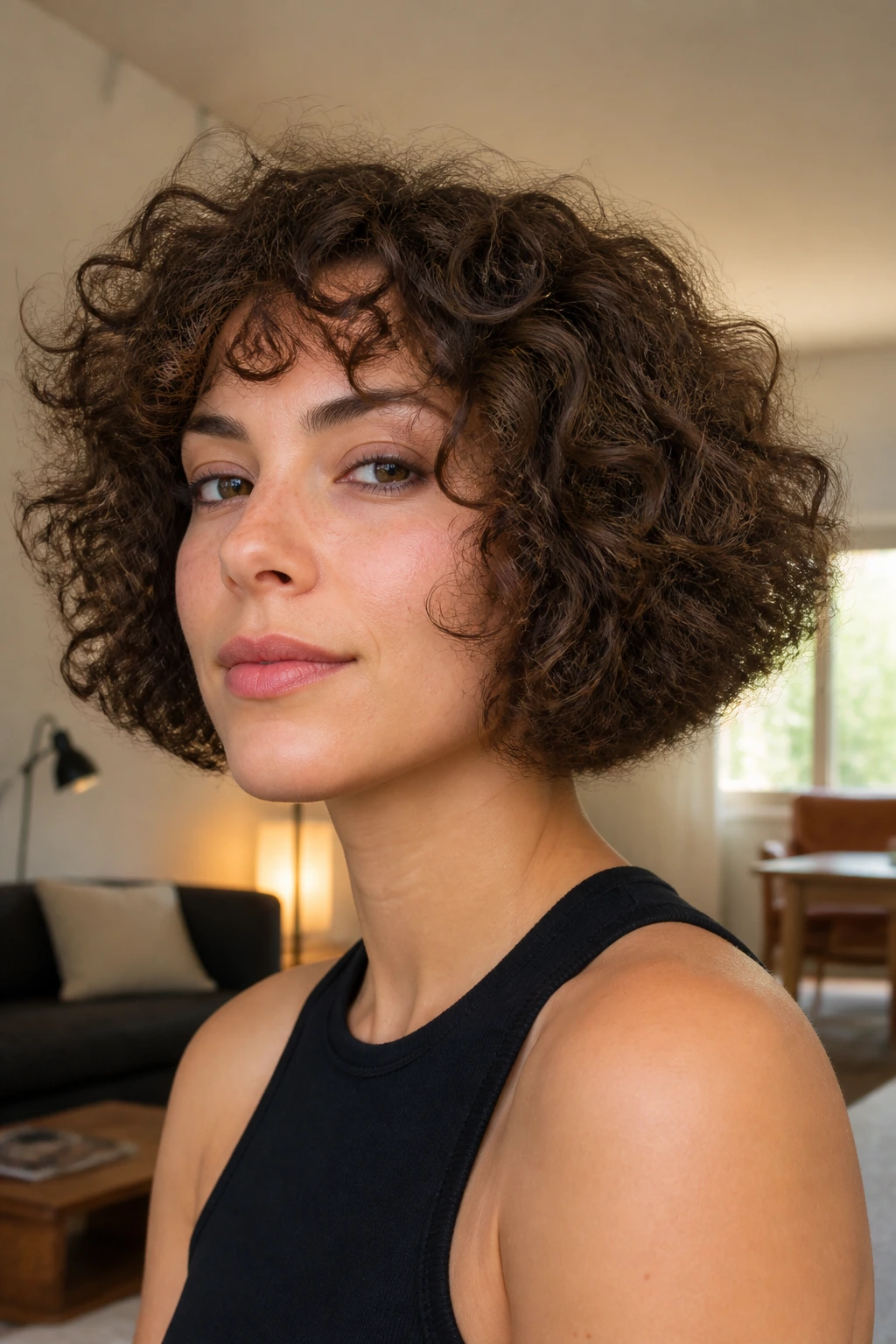 Close-up portrait of a real woman with a jaw-length box bob on thick curls in warm window light.