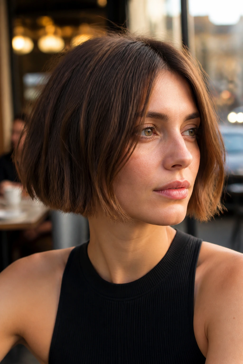 Close-up of a real woman with a jaw-length box bob and soft fray ends in a sunny street setting