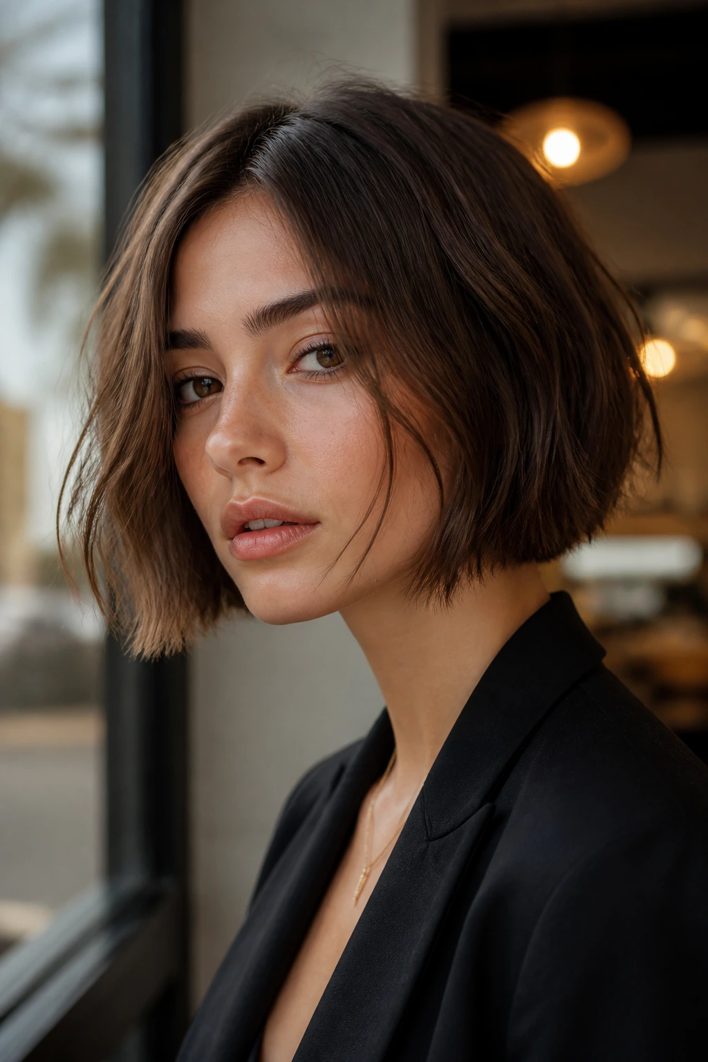 Close-up of a jaw-length box bob with choppy ends on a real person