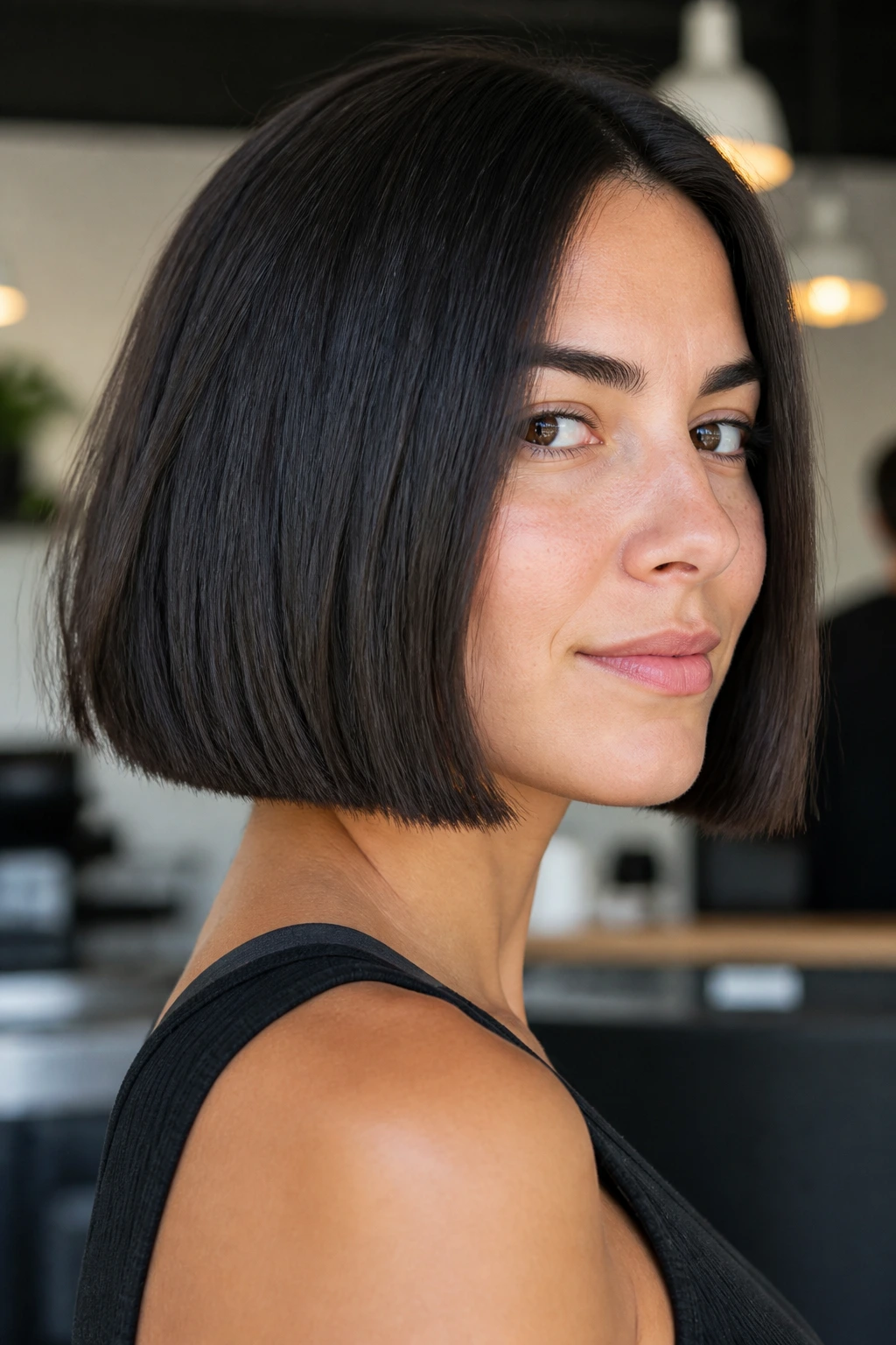 Close-up portrait of a real woman with a jaw-length box bob.