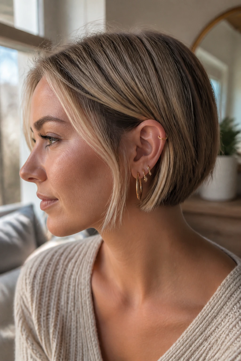 Close-up of a real woman with a jaw-length brightener behind the ear