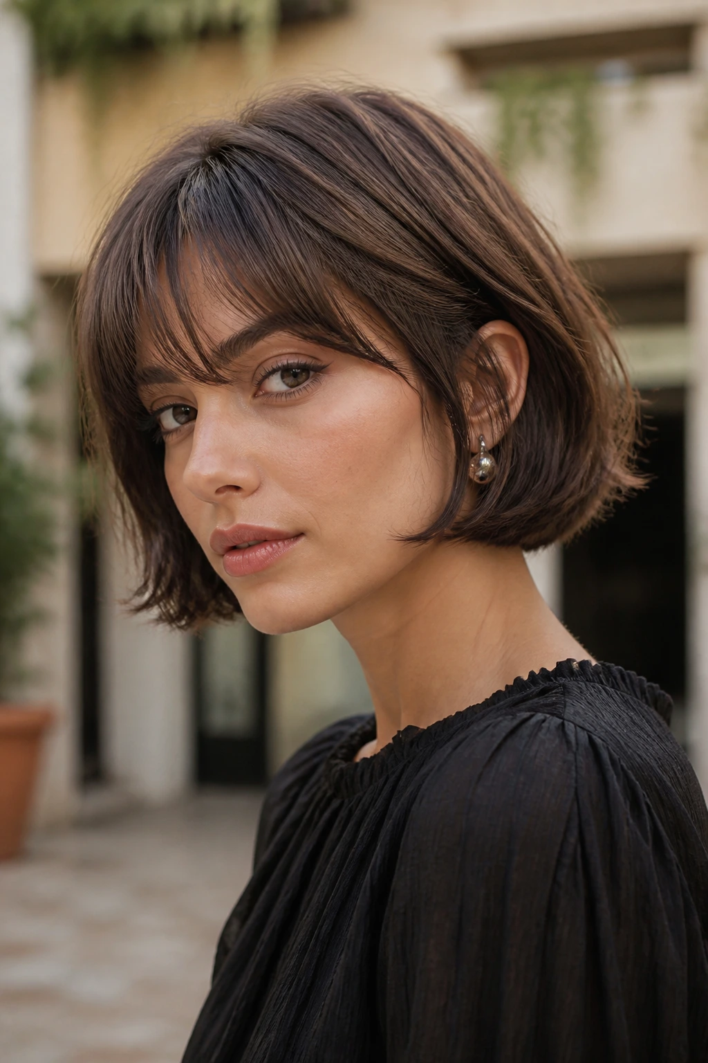 Close-up of a woman with Jaw-Length Butterfly Crop showing clean jawline and wispy bangs