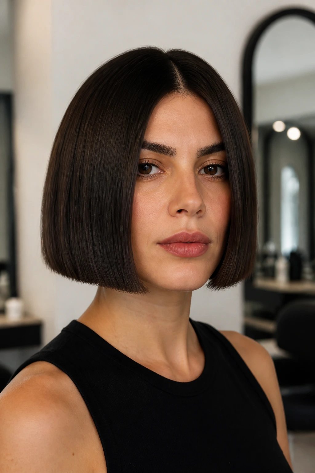Close-up of jaw-length center-part blunt bob on a real person