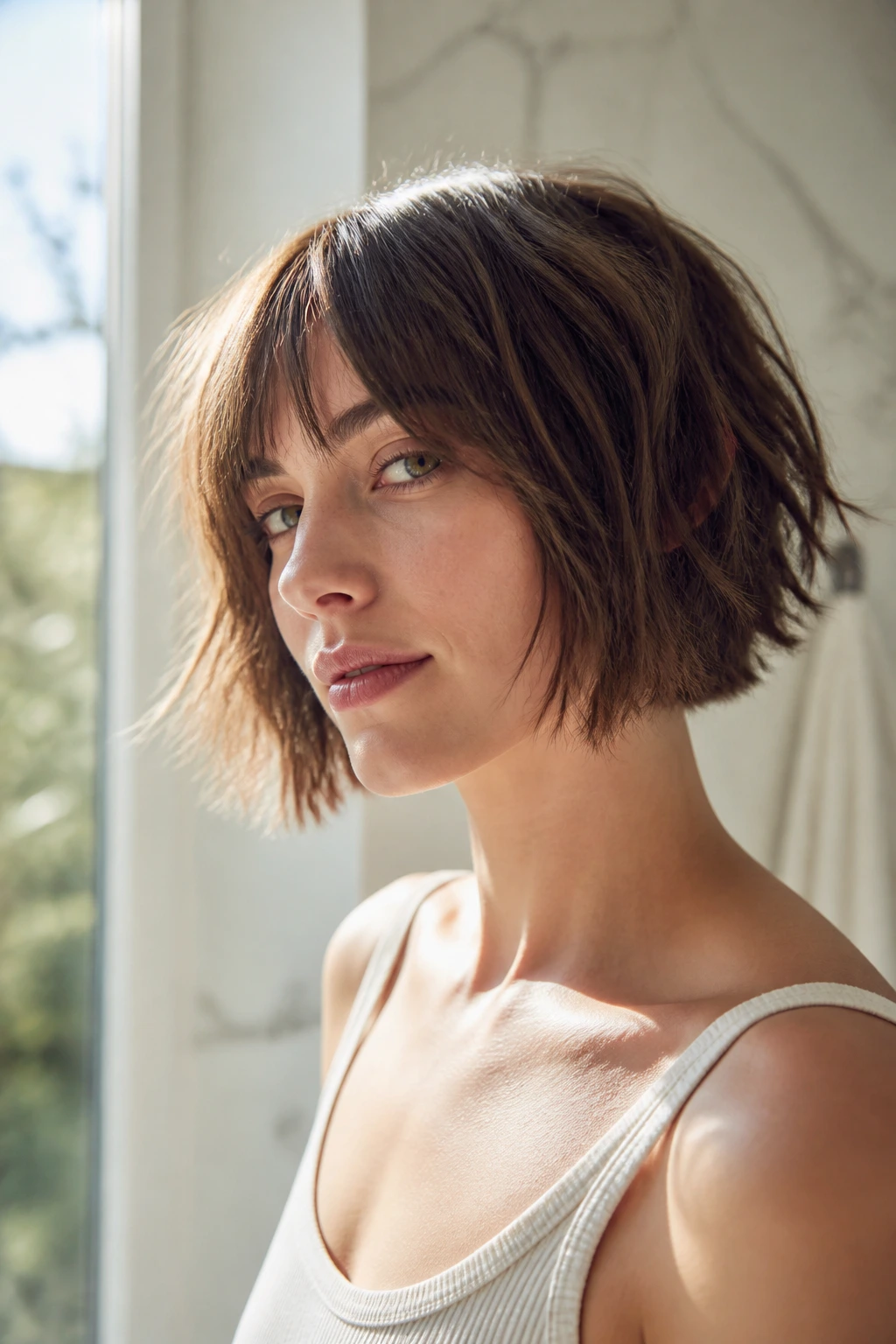 Portrait of a real woman with a jaw-length choppy bob in a sunlit home setting