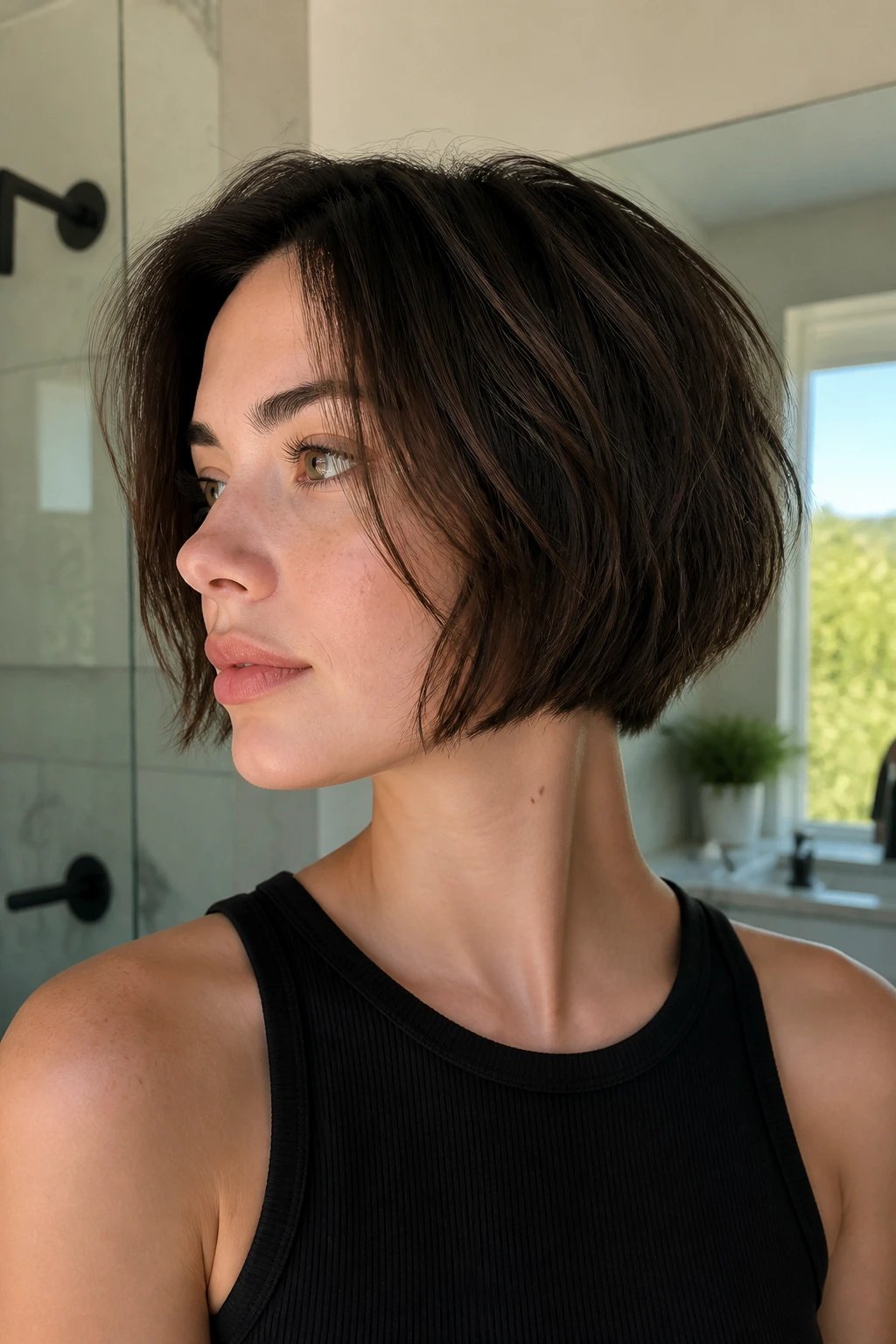 Close-up of a real woman with jaw-length choppy bob and tapered nape