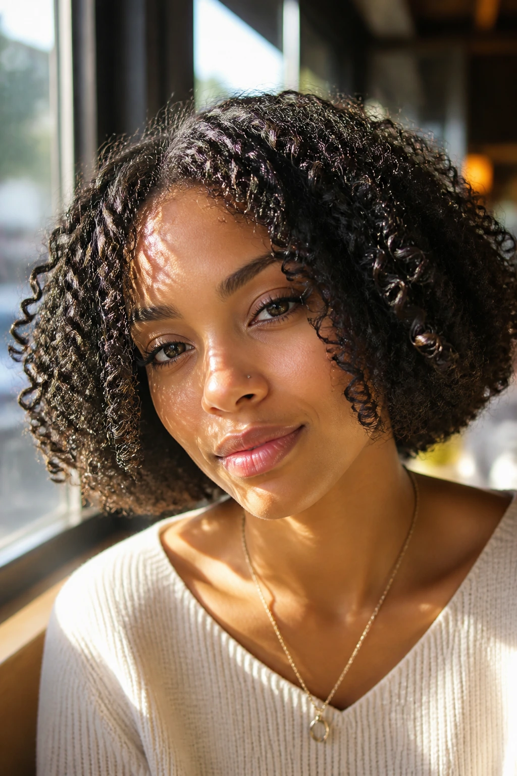 Close-up portrait of jaw-length coily bob hairstyle on a real person