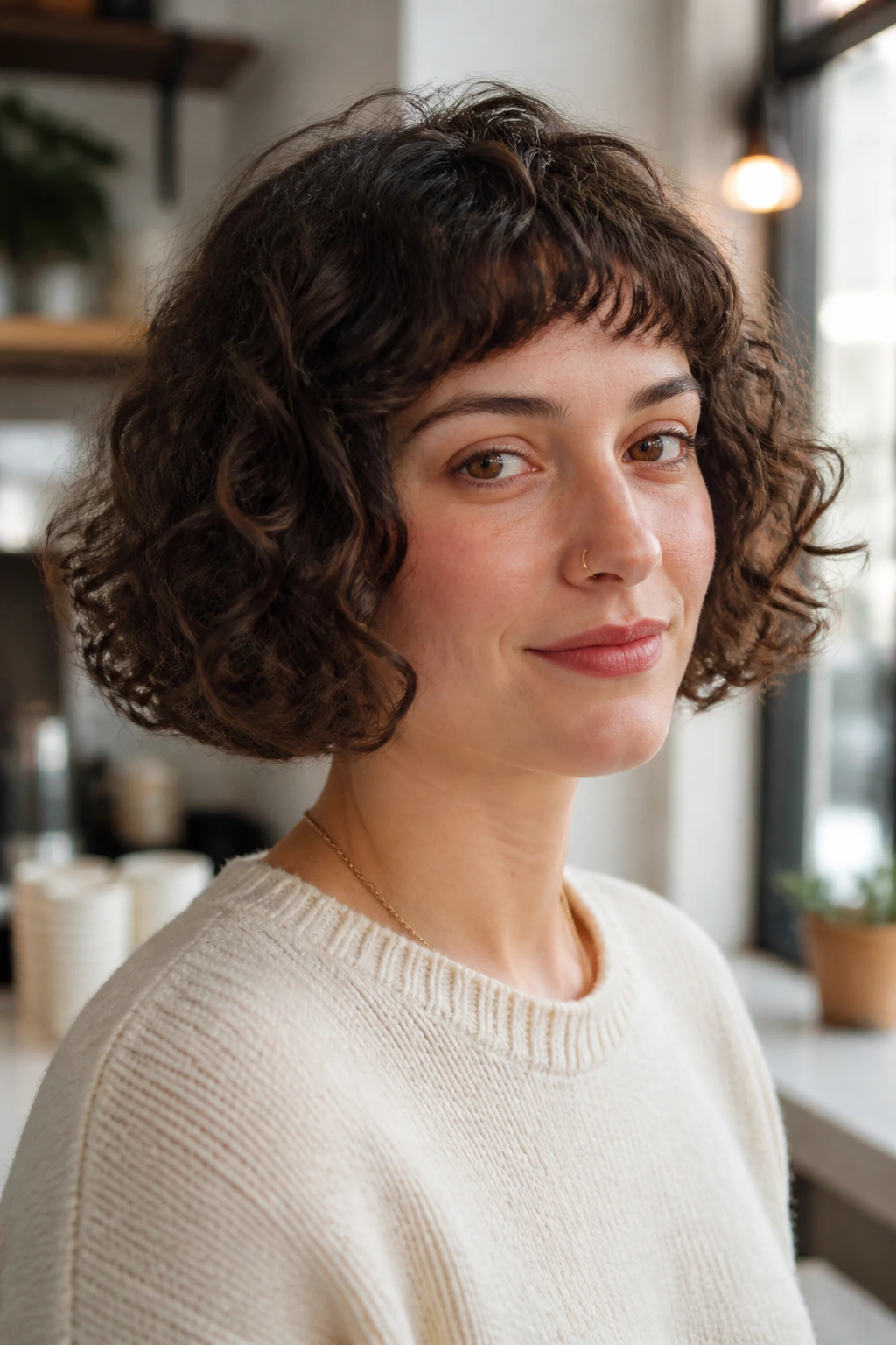 Portrait of person with jaw-length curly crop and tiny fringe