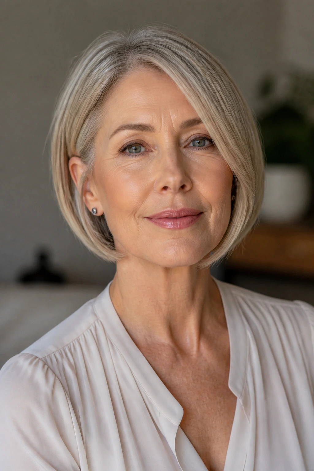 Portrait of an older woman with a sculpted jaw-length crop and face-framing ends