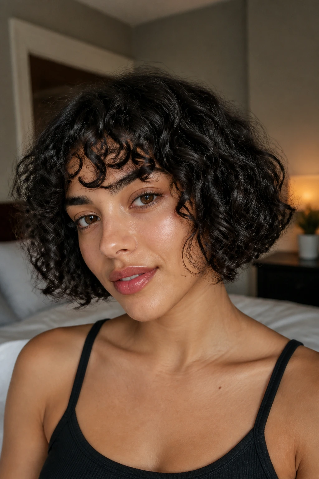 Close-up of a real woman wearing a jaw-length curly bob with defined, springy curls framing the jawline.