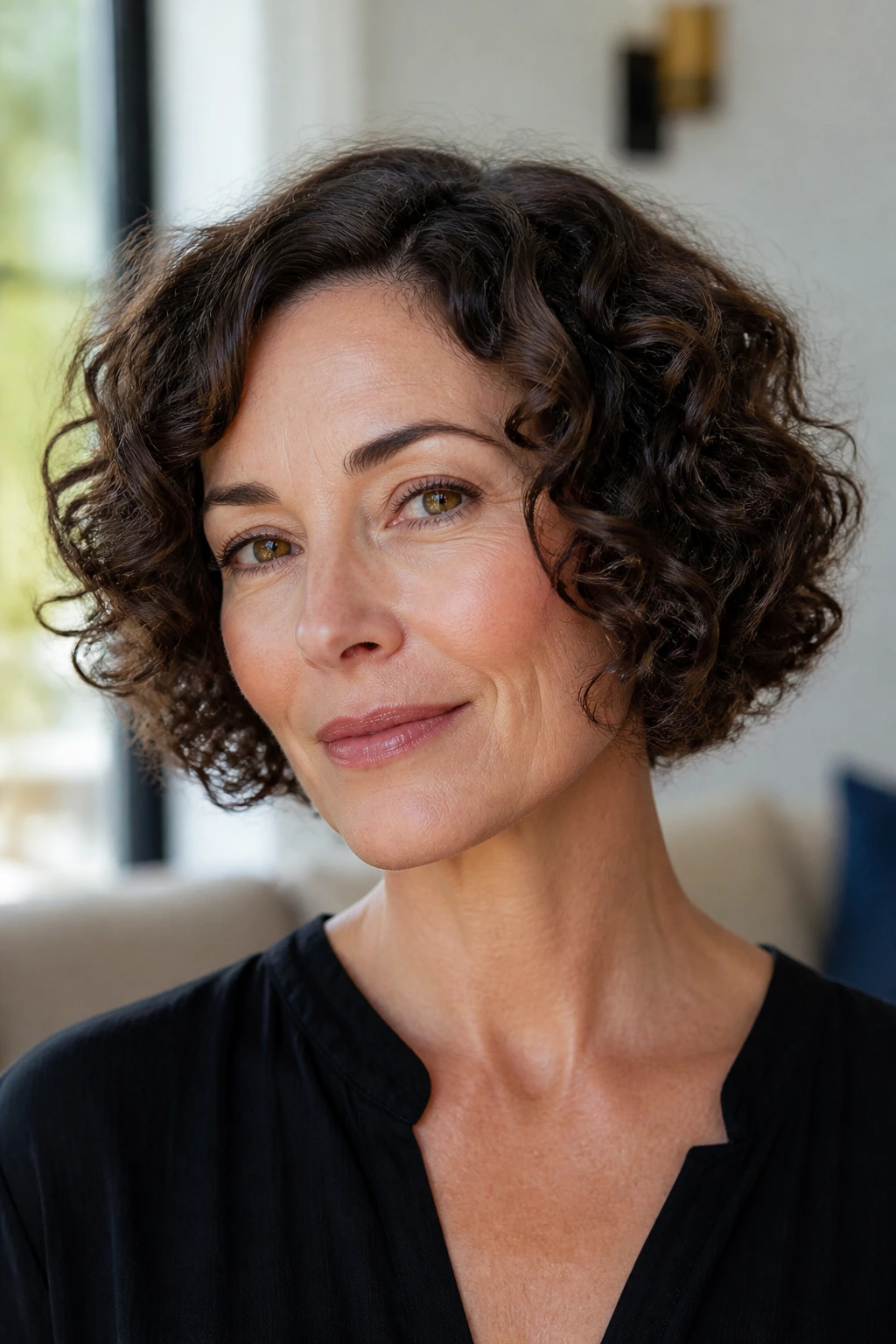 Close-up of a woman with jaw-length curly bob and a clean edge.