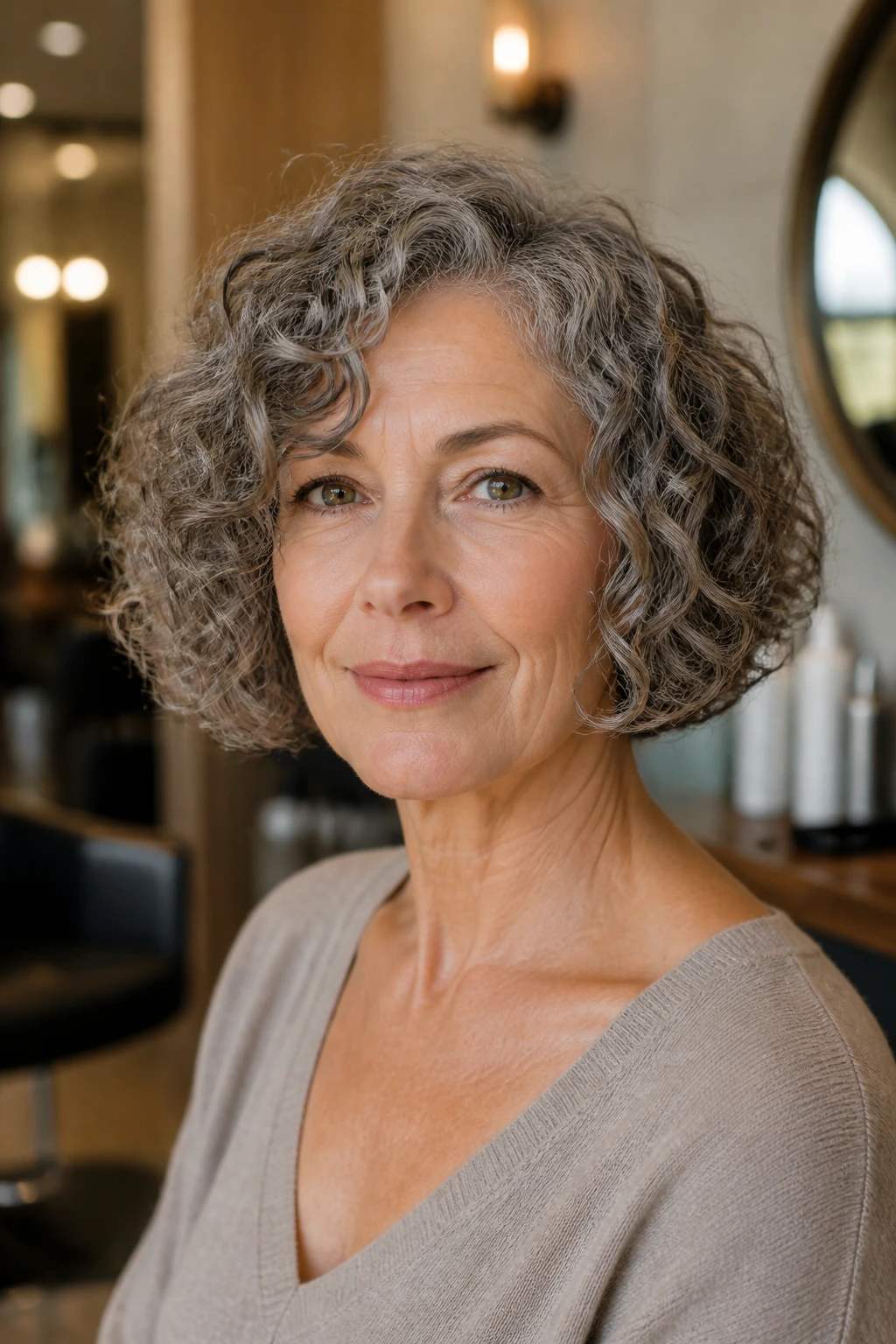 Close-up of a real woman with a jaw-length curly bob