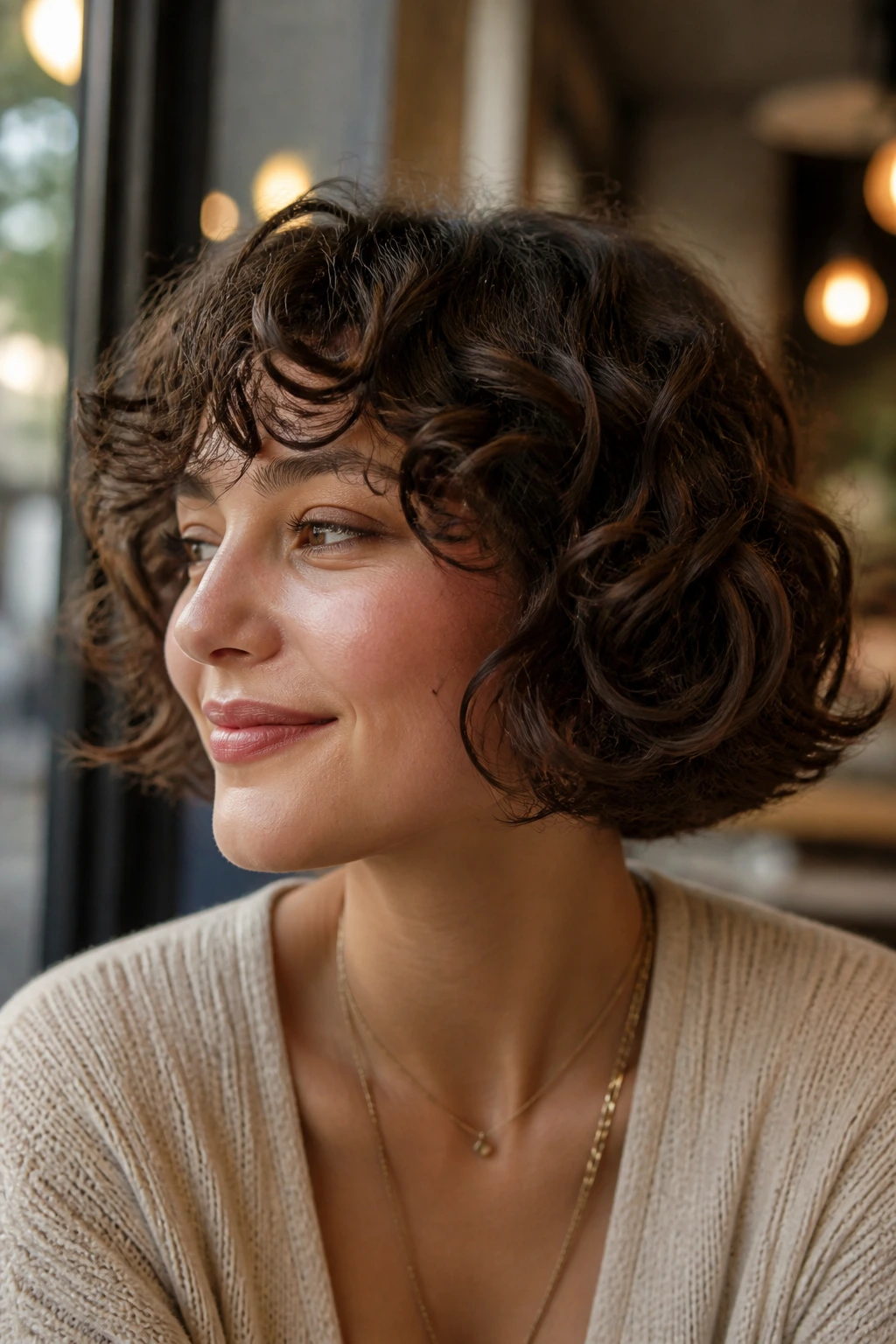 Close-up portrait of a woman with a jaw-length curly bob featuring flip-out ends, natural light in a cafe.