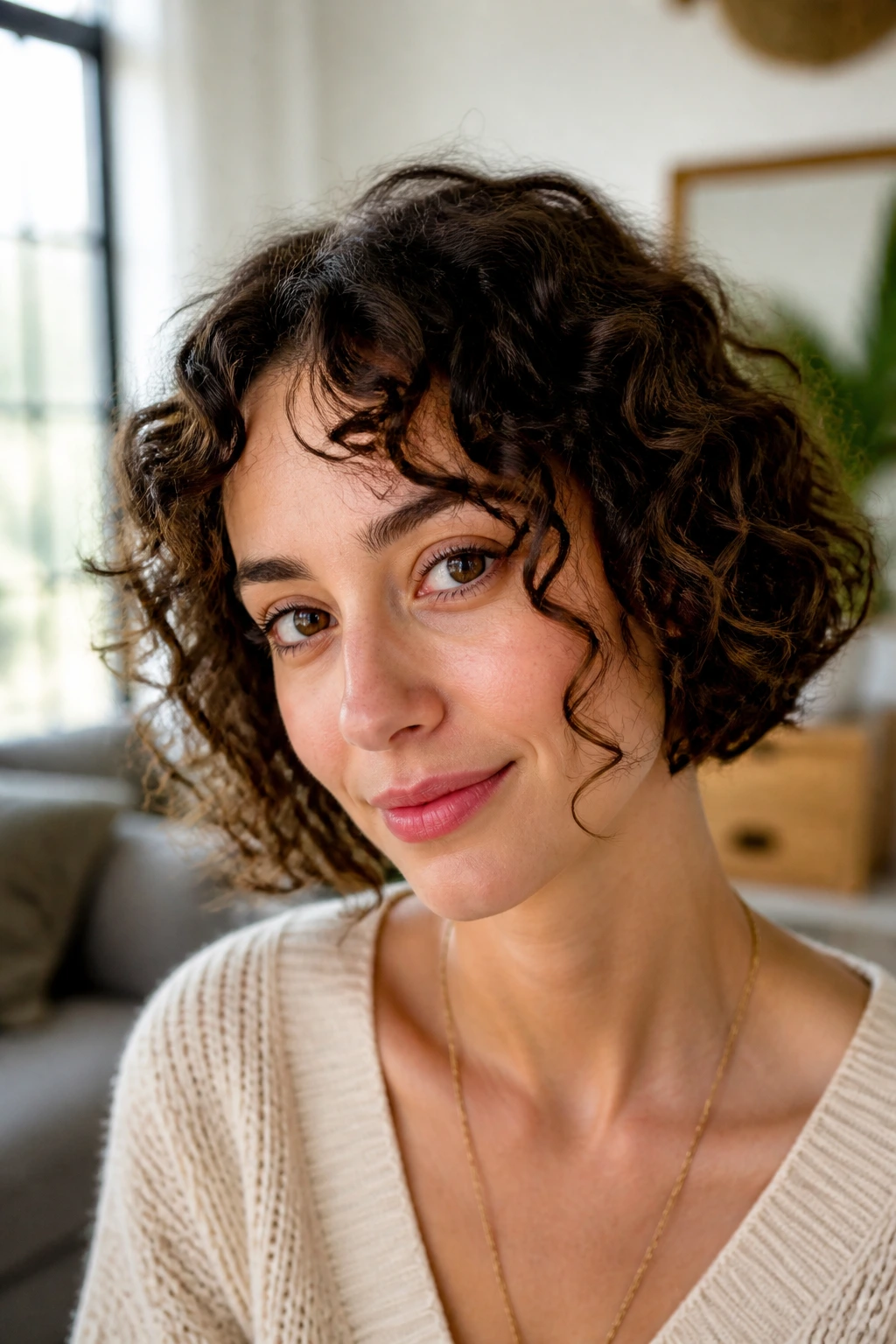 Close-up of jaw-length curly cut with face-framing pieces on a real woman