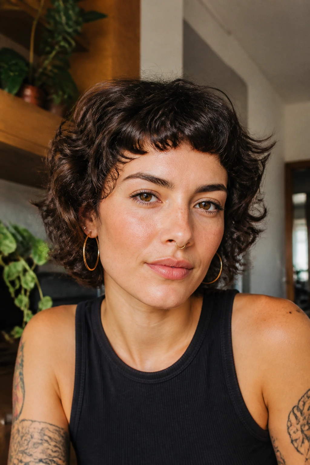 Close-up of a real woman with jaw-length curly shag and micro bangs