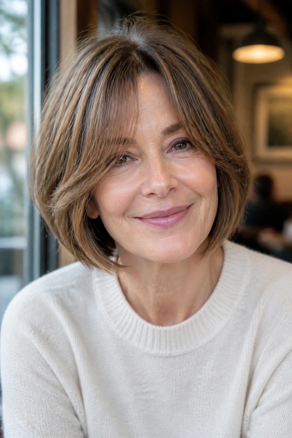 Portrait of a woman with jaw-length cut and curtain bangs