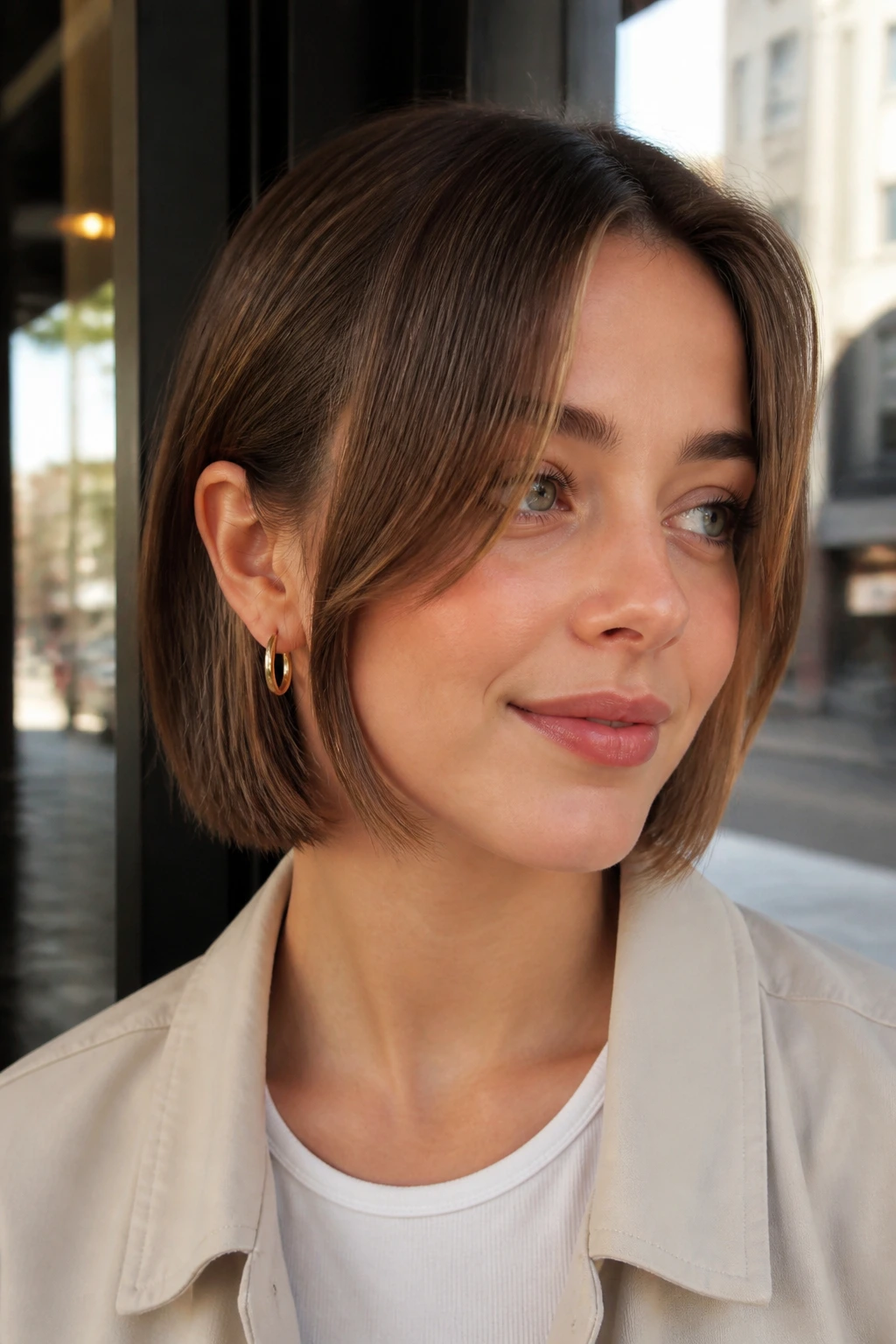 Close-up of a real woman with jaw-length curtain bangs and tucked-in front pieces