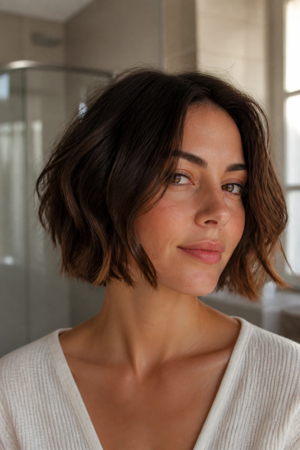 Close-up of a real woman with a jaw-length curved bob and soft waves