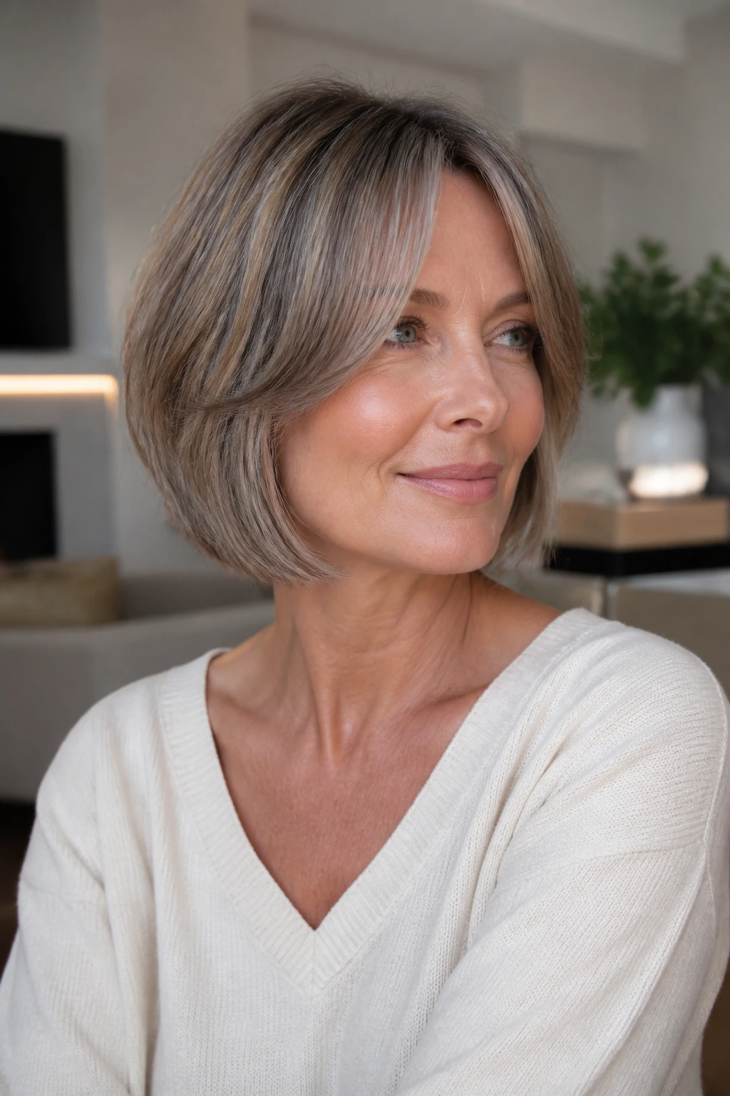 Close-up portrait of a real woman with jaw-length cut and curtain fringe softly framing the forehead.