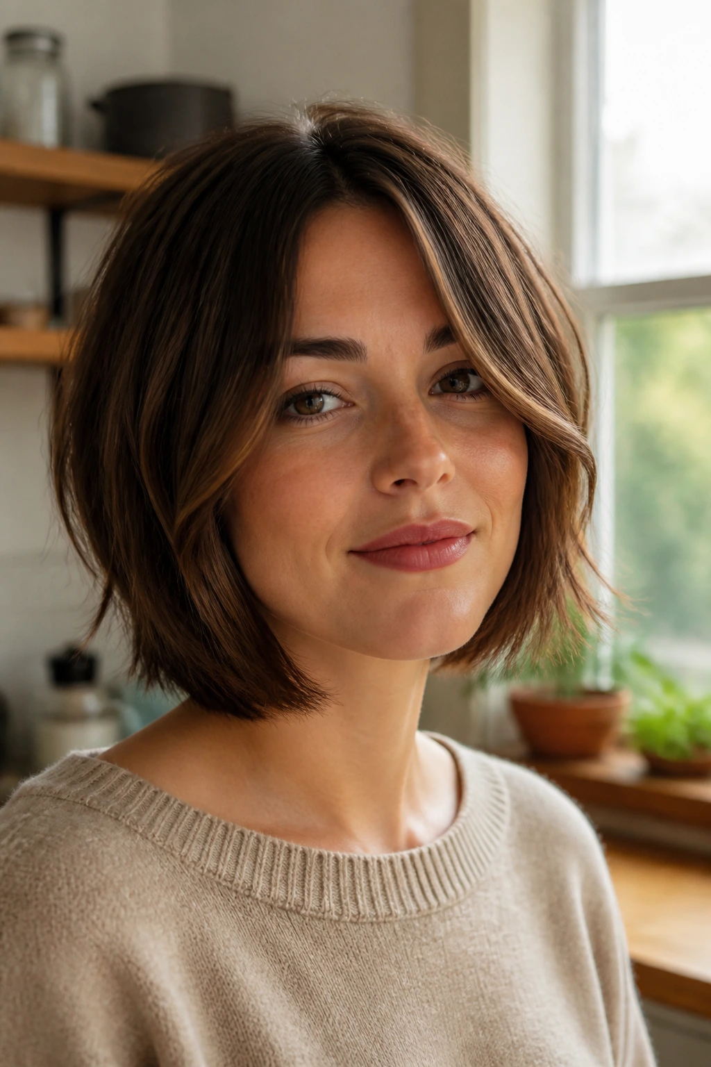 Close-up of a woman with jaw-length cut and face-framing layers that suit a heart-shaped face