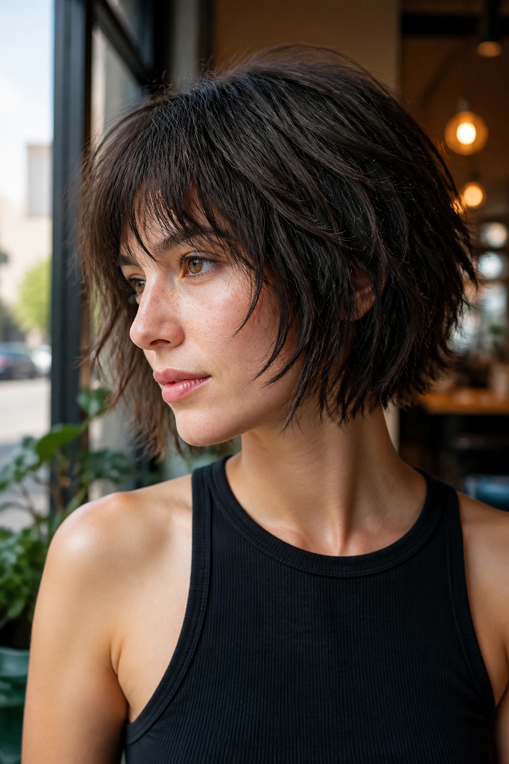Portrait of real person with jaw-length dramatic shag highlighting forward-layered front