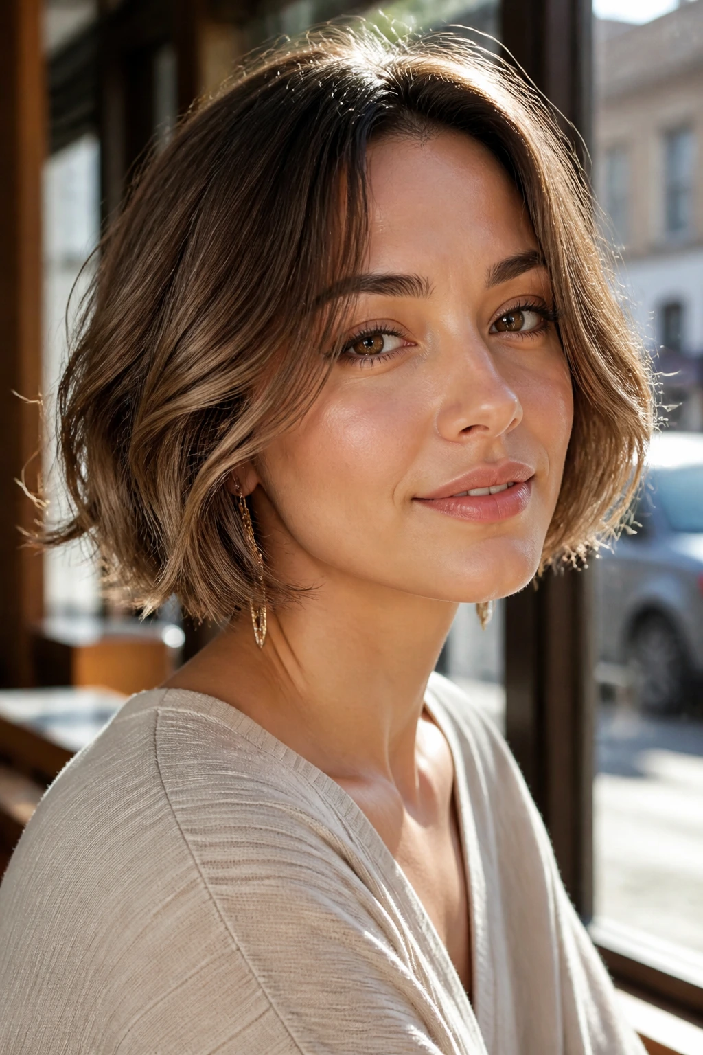 Close-up portrait of a woman with a jaw-length feathered bob in a sunlit cafe.