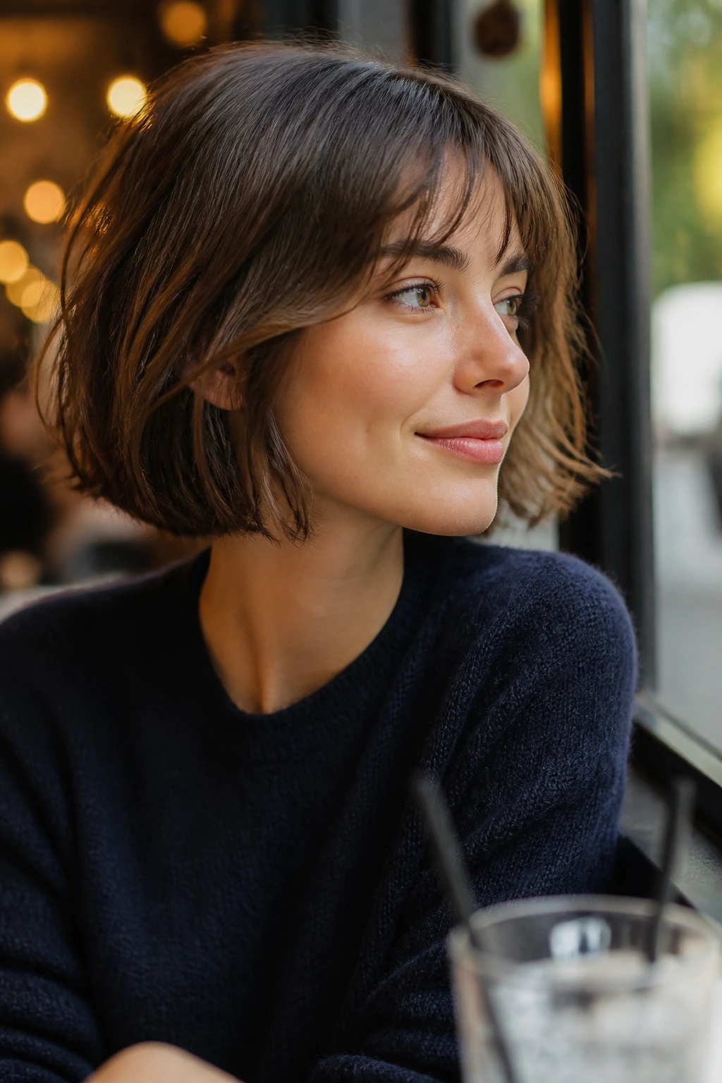 Close-up of a real person with a jaw-length French bob and airy bend