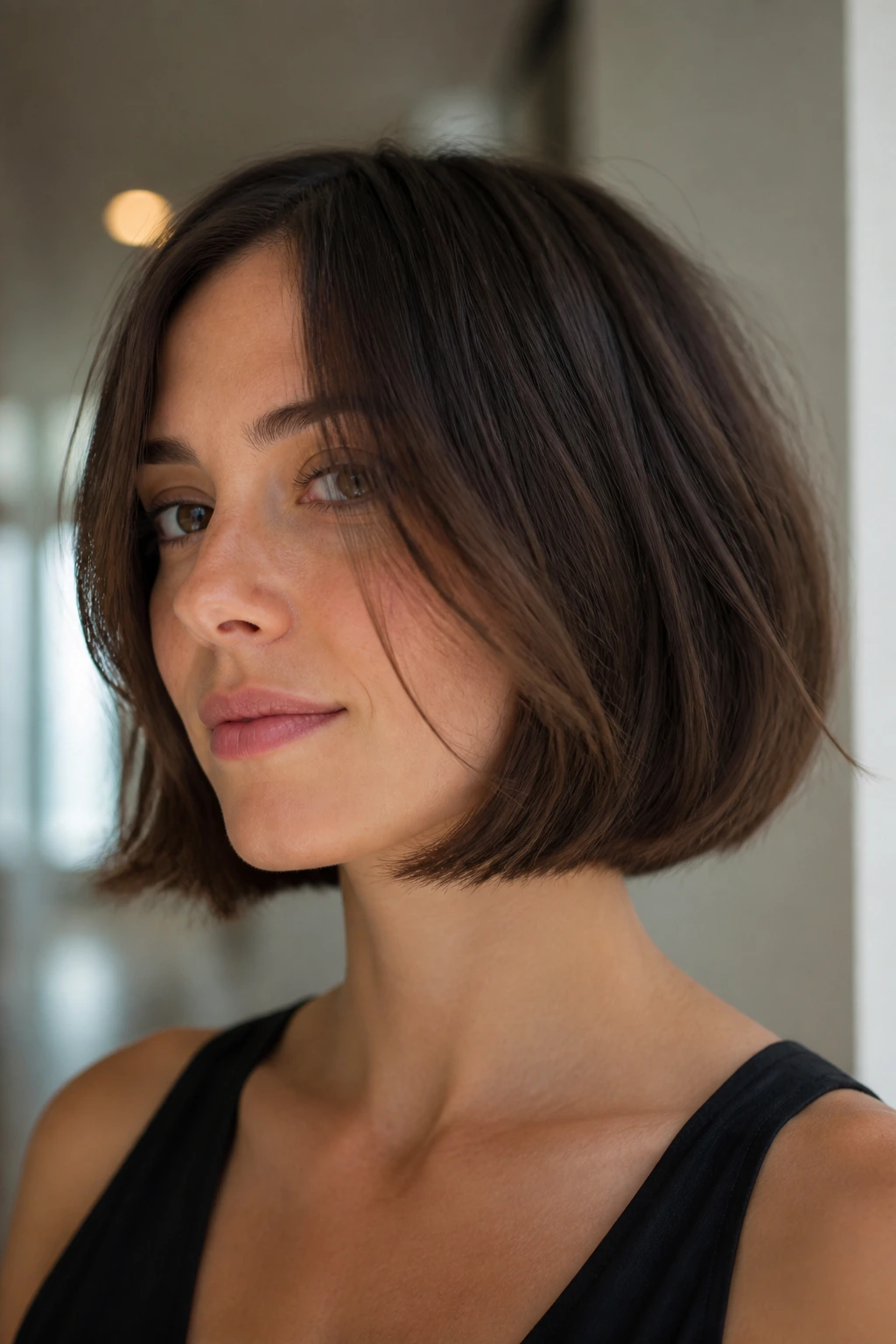 Portrait of jaw-length French bob with invisible layers in bright setting.