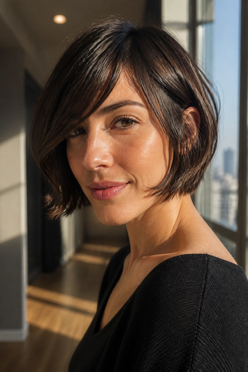 Close-up of a jaw-length French bob with sweeping side fringe on a real woman