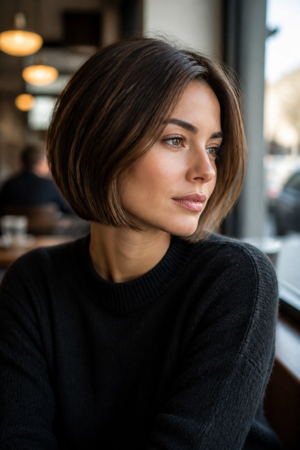 Close-up portrait of a real woman with jaw-length layered bob and soft jawline