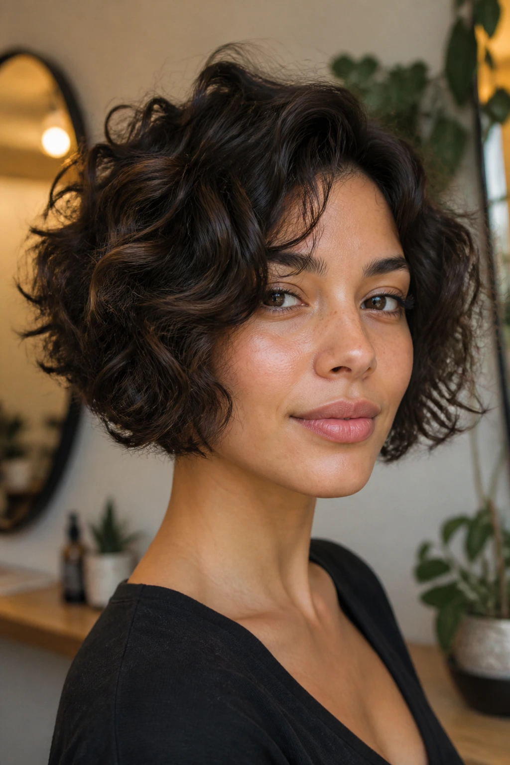 Close-up portrait of a real woman with a jaw-length layered bob opening the lower face