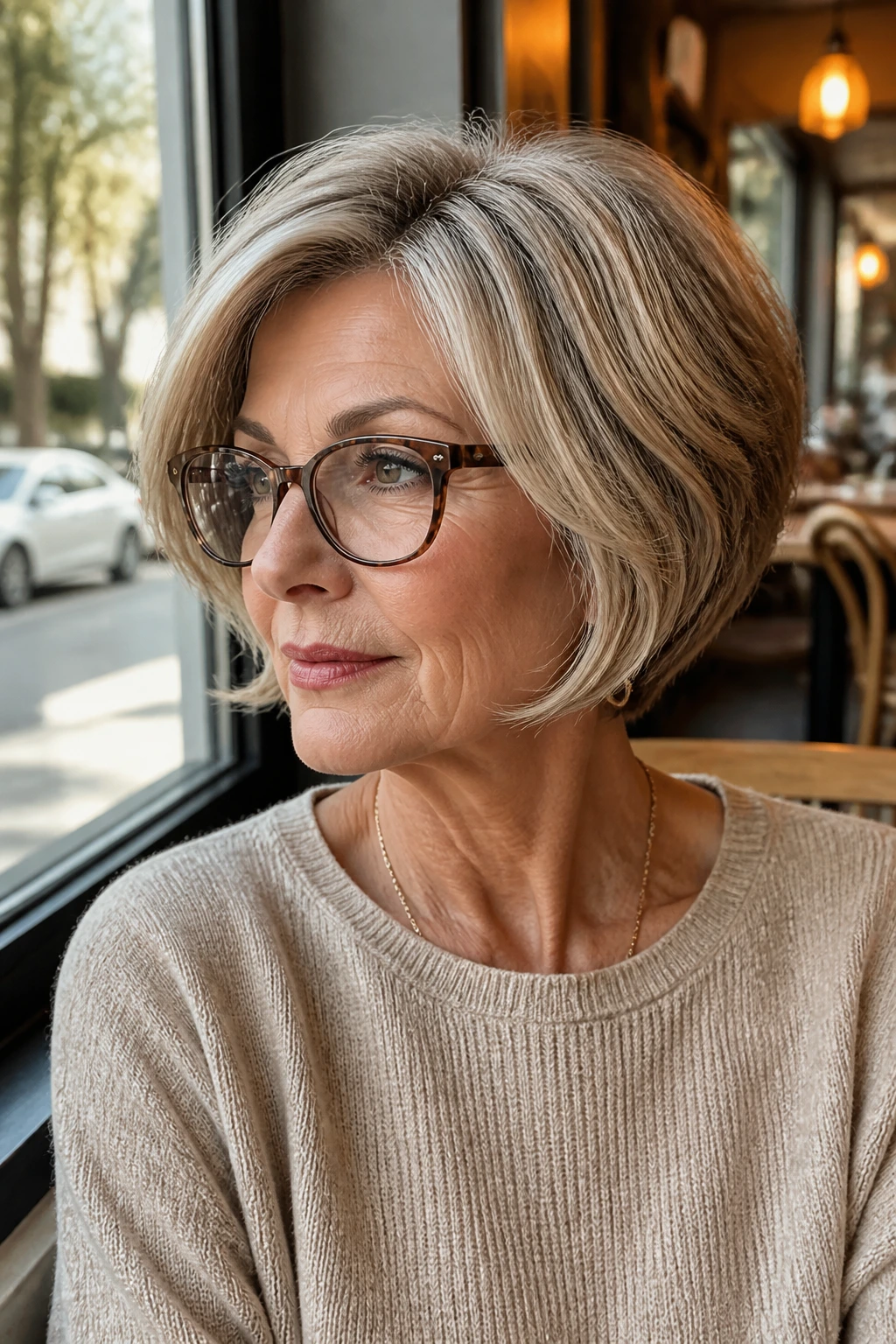 Real woman portrait with layered jaw-length cut and side part