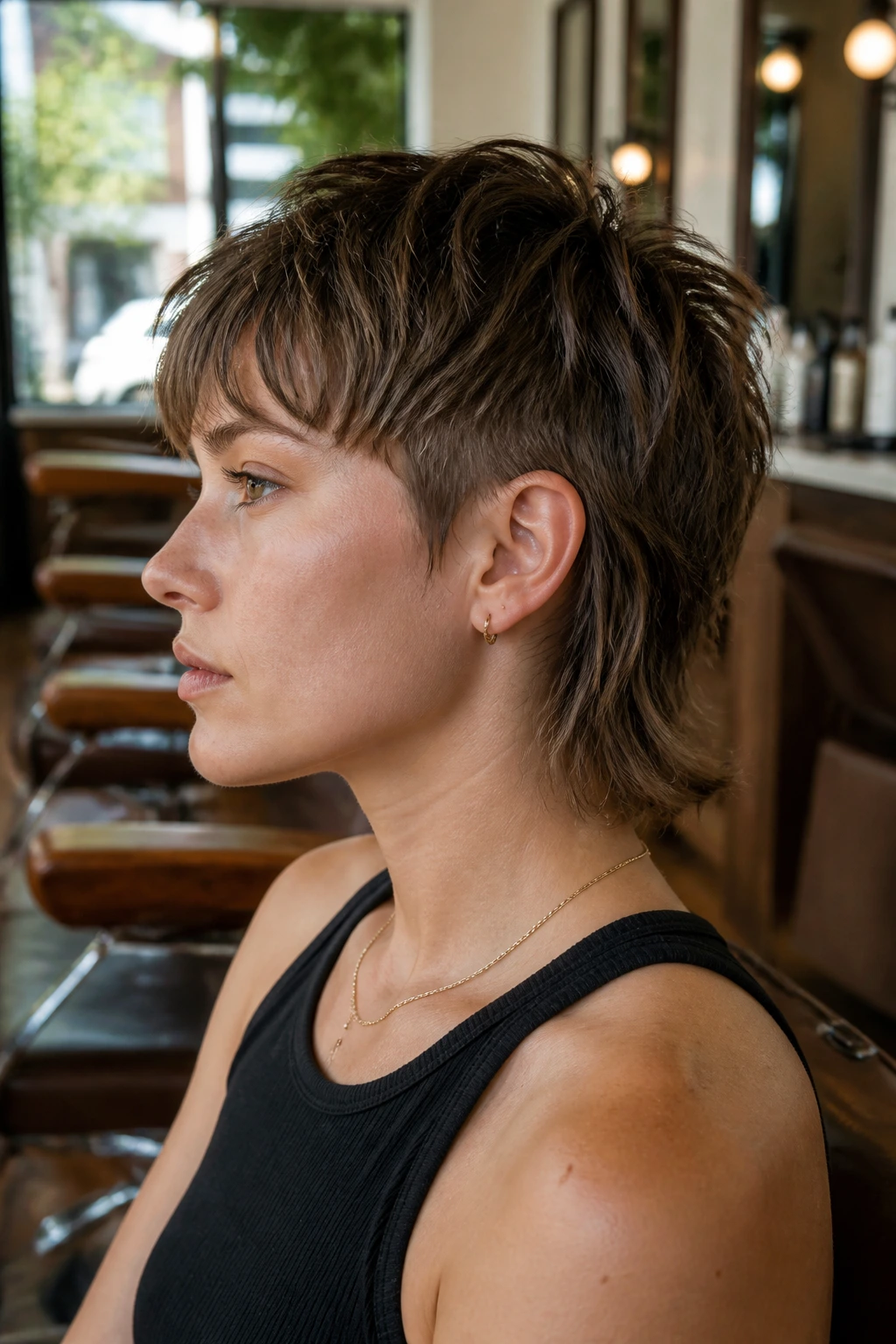Real person close-up with jaw-length wolf mullet in warm light.