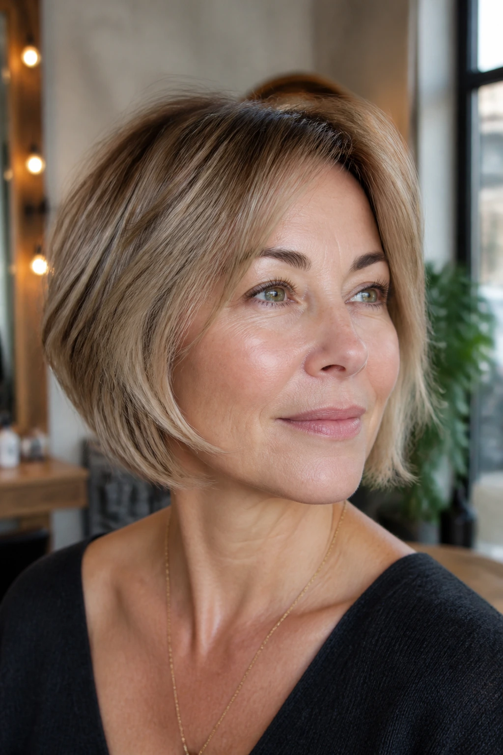 Close-up of real woman with jaw-length razor bob and soft ends in salon light