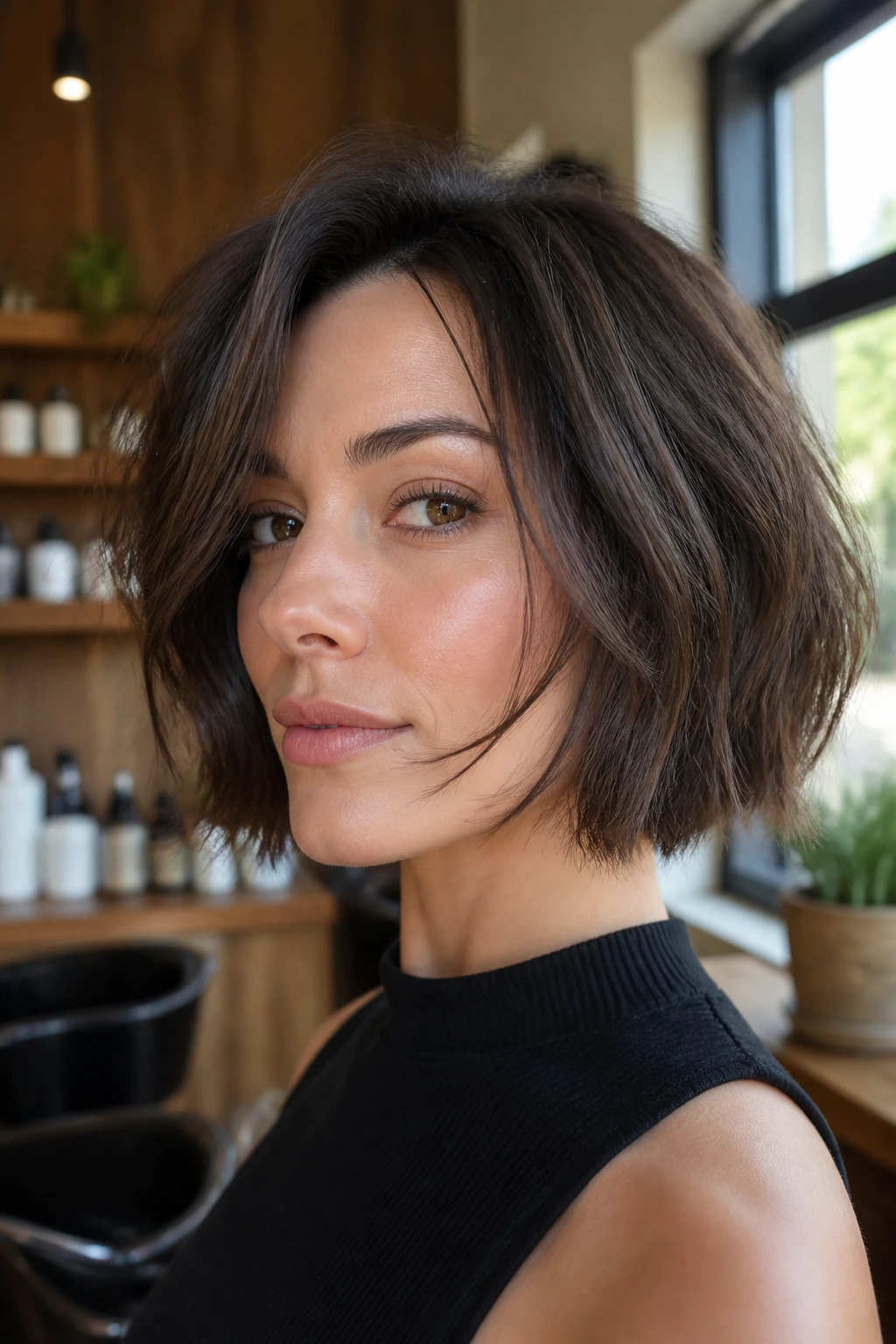 Close-up portrait of a real person with a jaw-length razor bob and feathered ends in a sunlit salon.