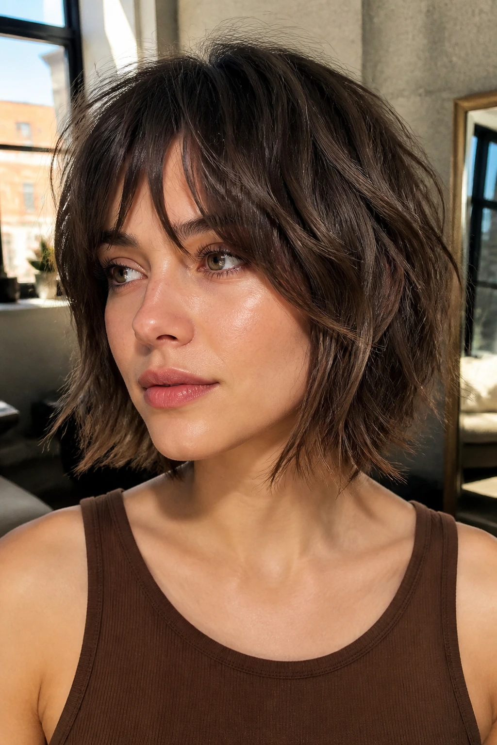 Woman with jaw-length razor shag and bottleneck bangs in warm natural light