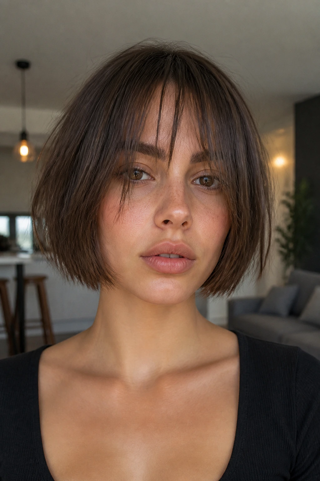 Real woman with jaw-length razored bob showing light weight and piecey ends.