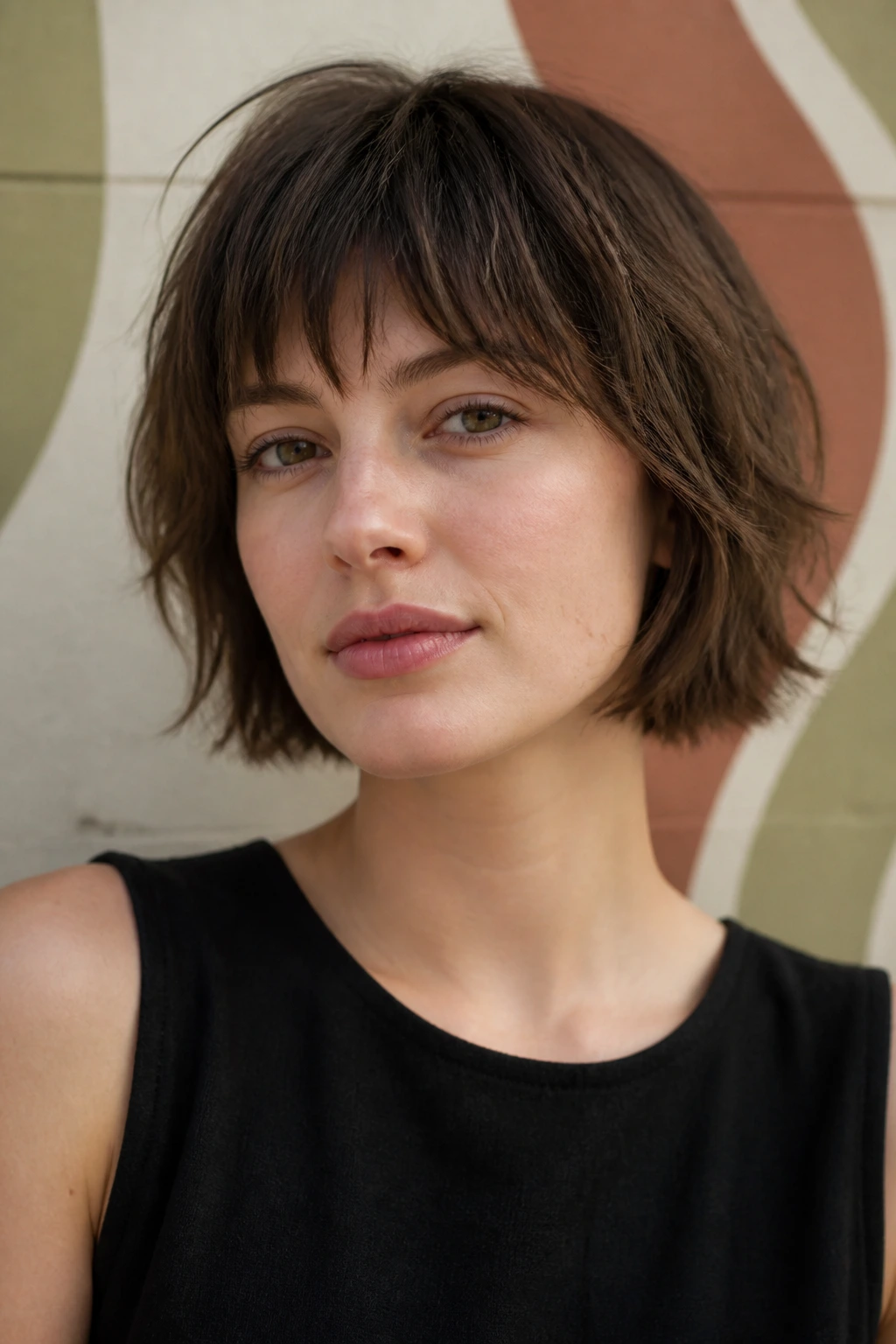 Close-up portrait of a real person with jaw-length retro shag hairstyle