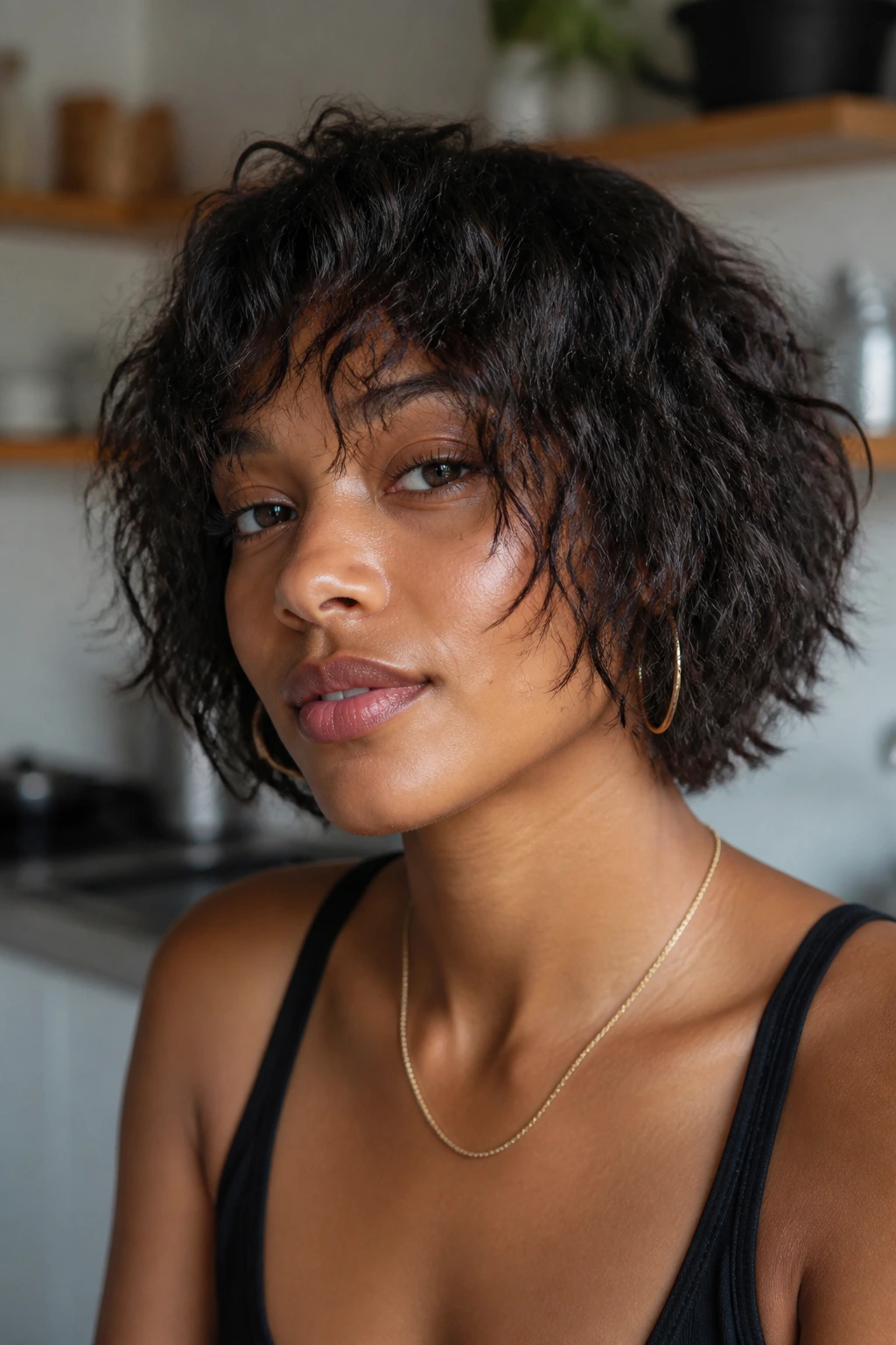 Jaw-length wash-and-go shag bob on a real person