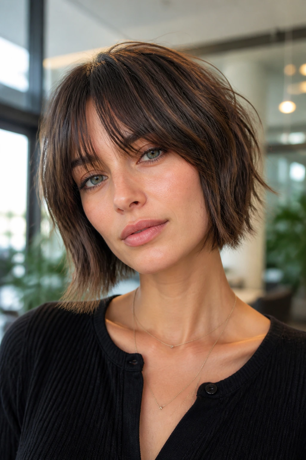 Close-up of jaw-length shag bob with bottleneck bangs on a real person in a bright office setting