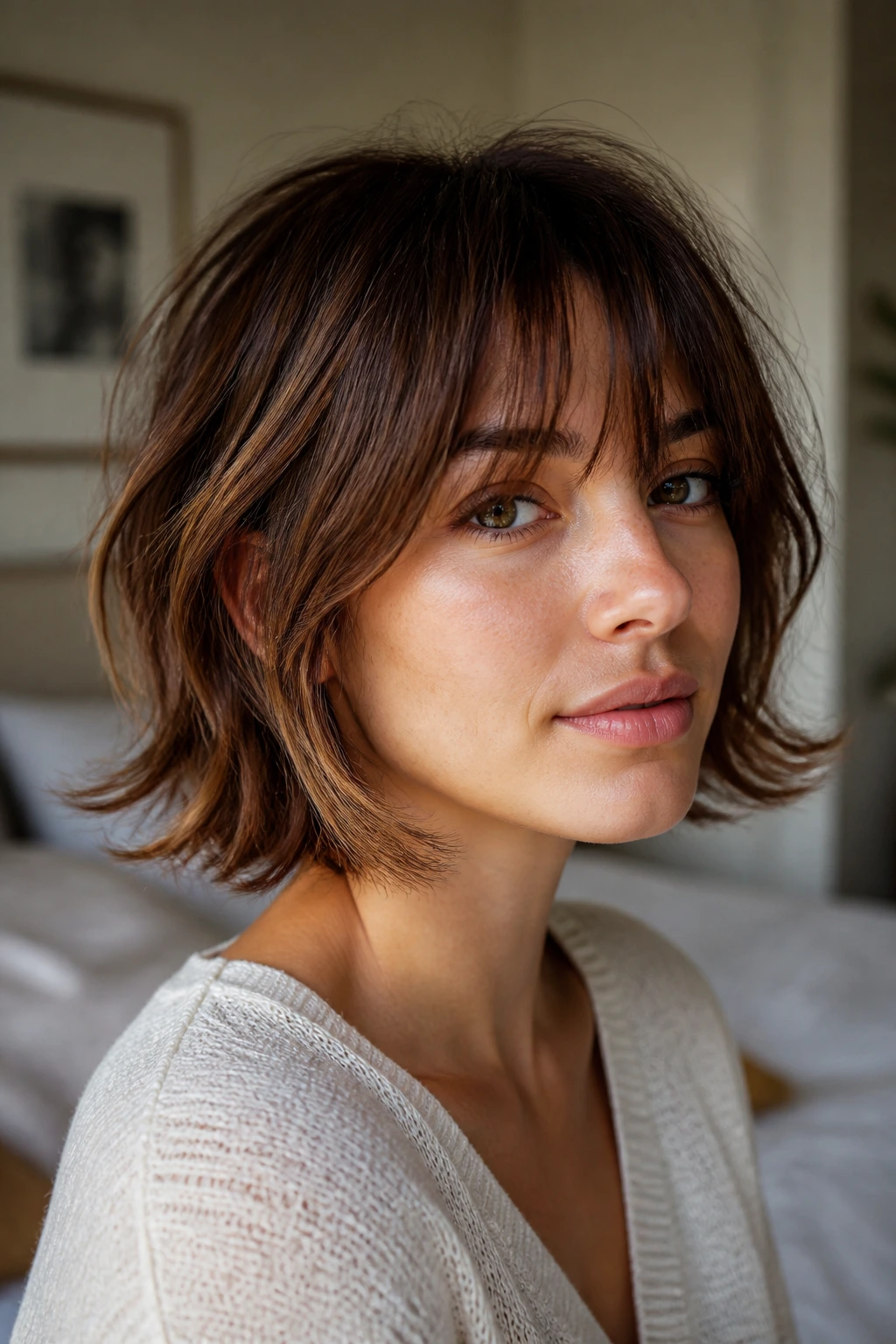 Close-up of real woman with jaw-length flipped shag bob in a cozy bedroom setting