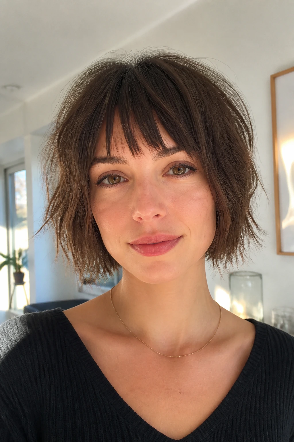 Close-up of a real woman with a jaw-length shag and broken fringe in bright natural light.
