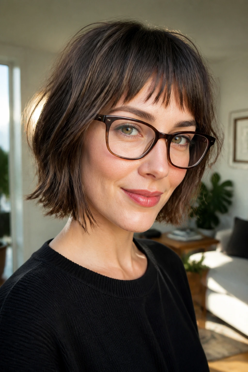 Real woman with jaw-length shag and micro-bangs wearing glasses