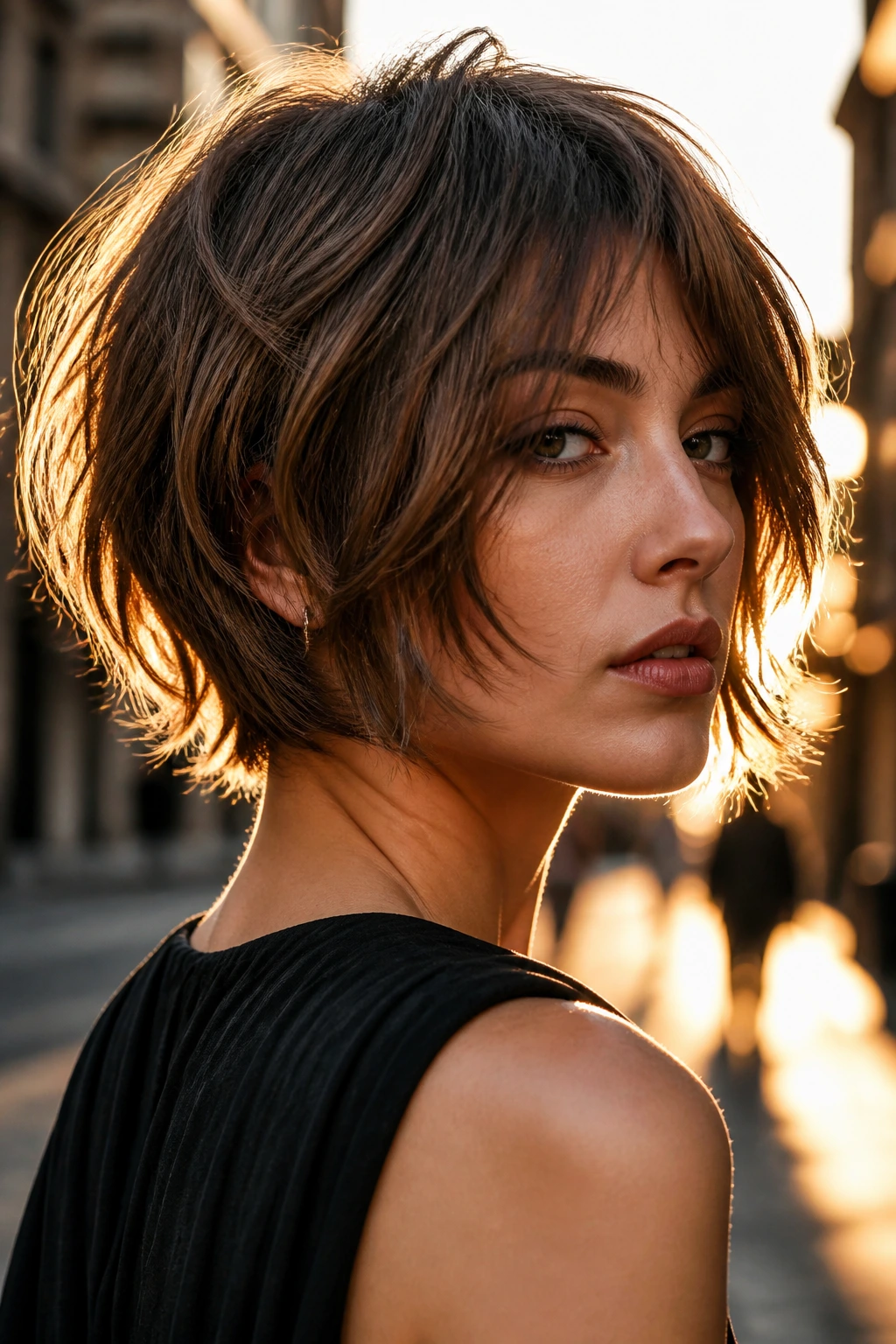 Close-up portrait of a real person with a jaw-length shag and tucked nape