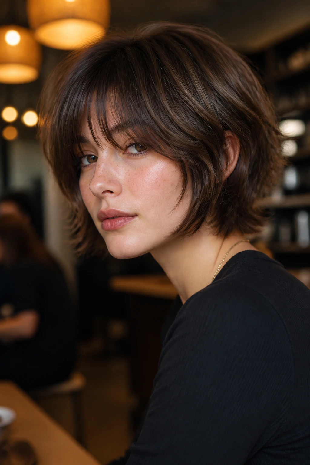 Portrait of a person with jaw-length razor shag.