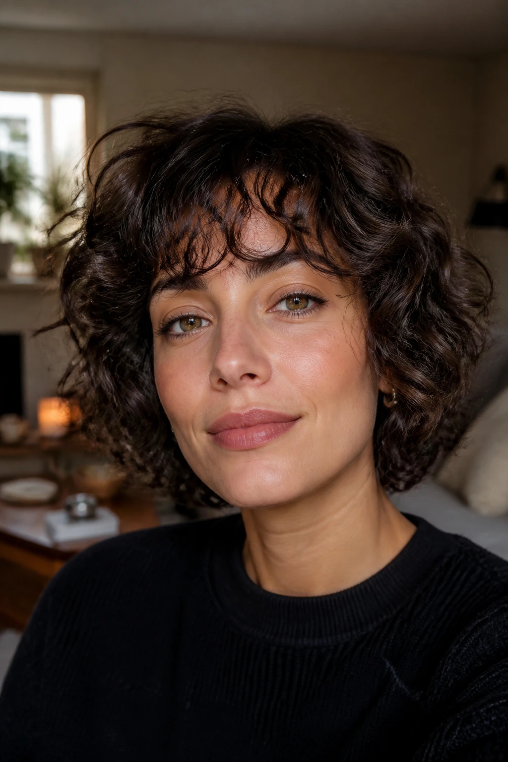 Close-up portrait of a real woman with jaw-length soft-edge shag showing rounded edges and face-framing layers